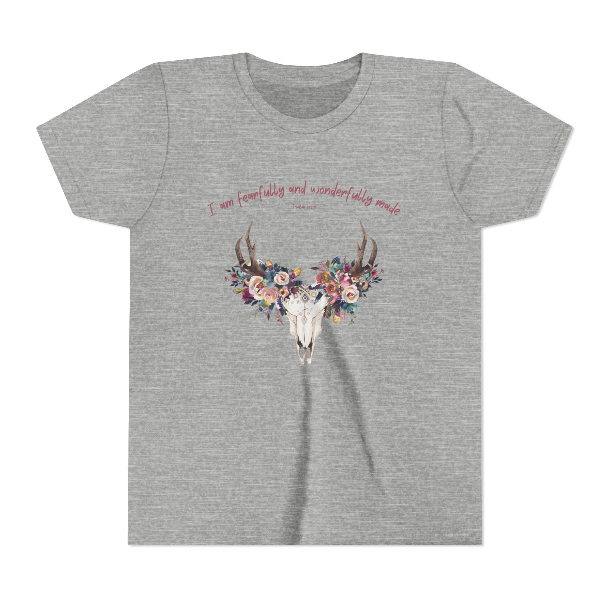Floral Deer Skull Youth Tee | Psalm 139:14 Faith Tee | Girl Gift