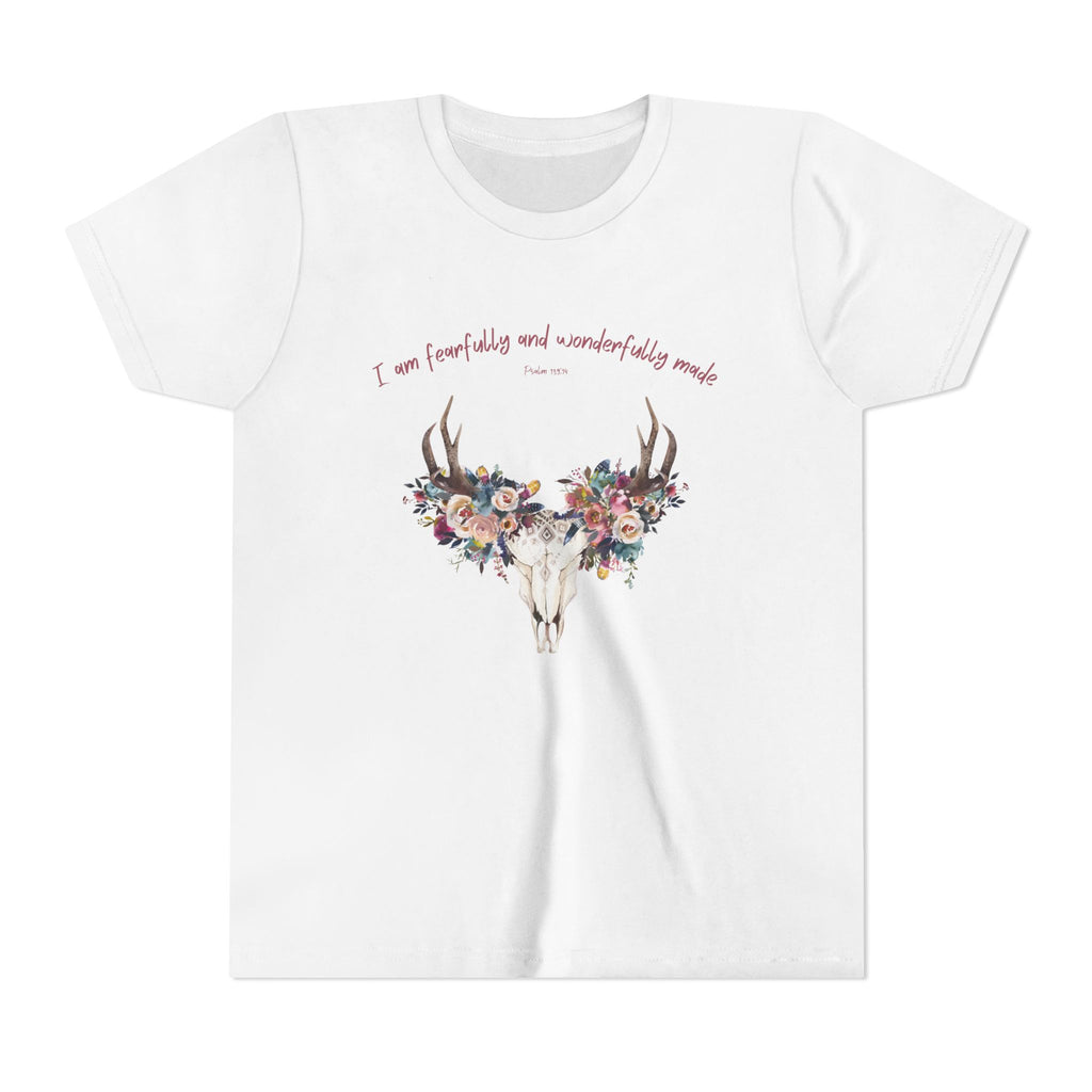 Floral Deer Skull Youth Tee | Psalm 139:14 Faith Tee | Girl Gift