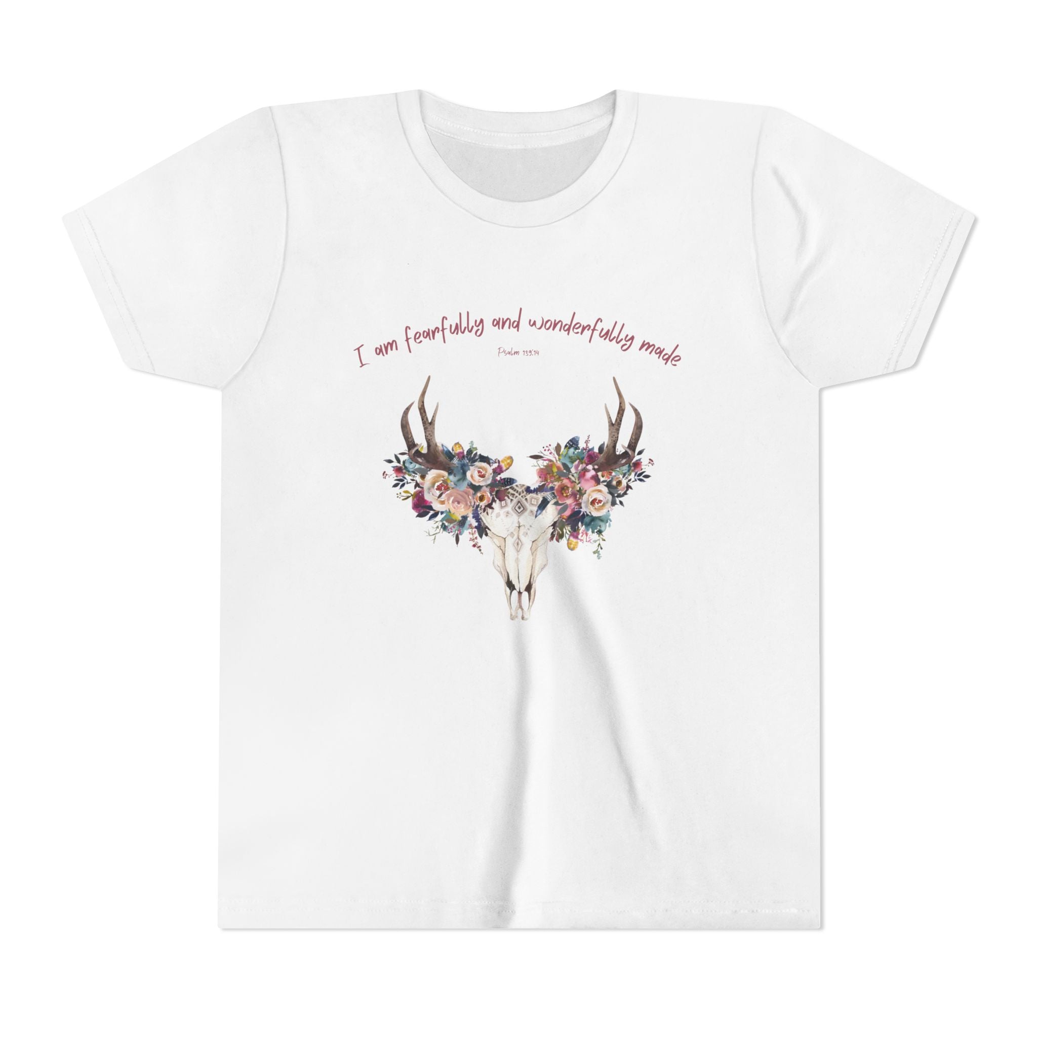 Floral Deer Skull Youth Tee | Psalm 139:14 Faith Tee | Girl Gift