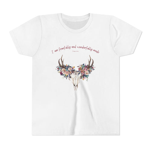 Floral Deer Skull Youth Tee — "I am fearfully and wonderfully made"