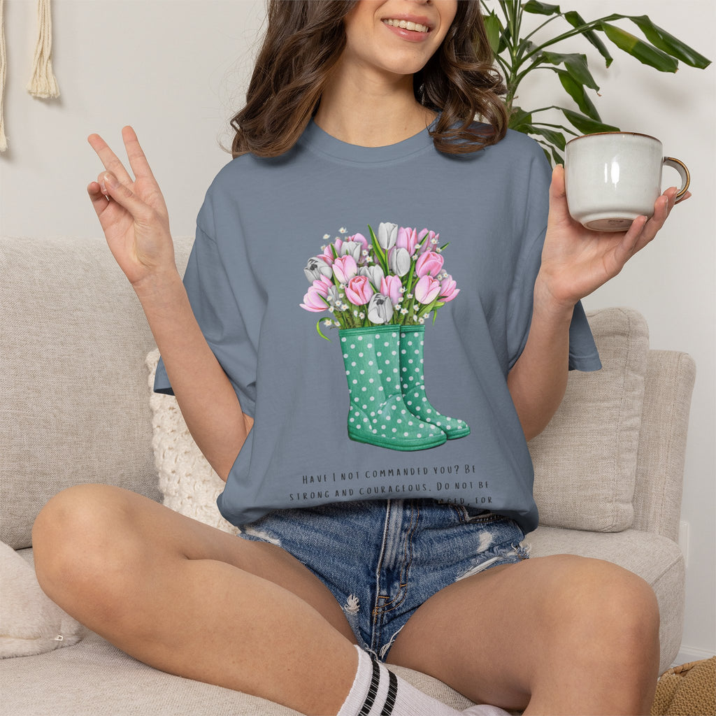 Tulip Rain Boot T-Shirt — Floral Bouquet Graphic Tee with Polka Dot Wellies