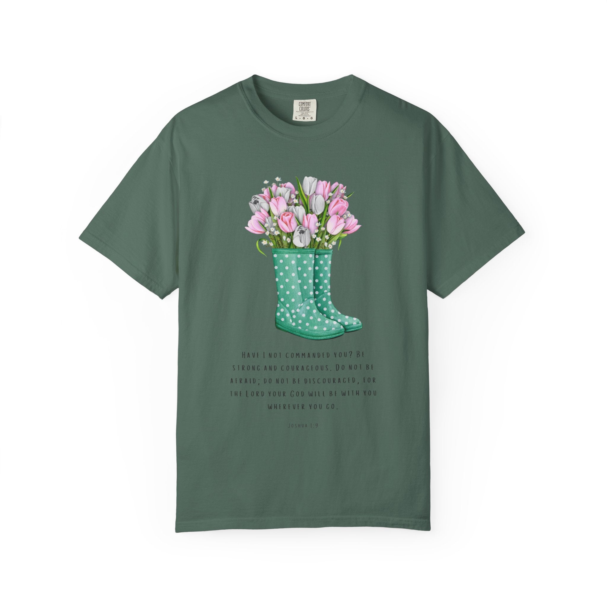 Tulip Rain Boot T-Shirt — Floral Bouquet Graphic Tee with Polka Dot Wellies