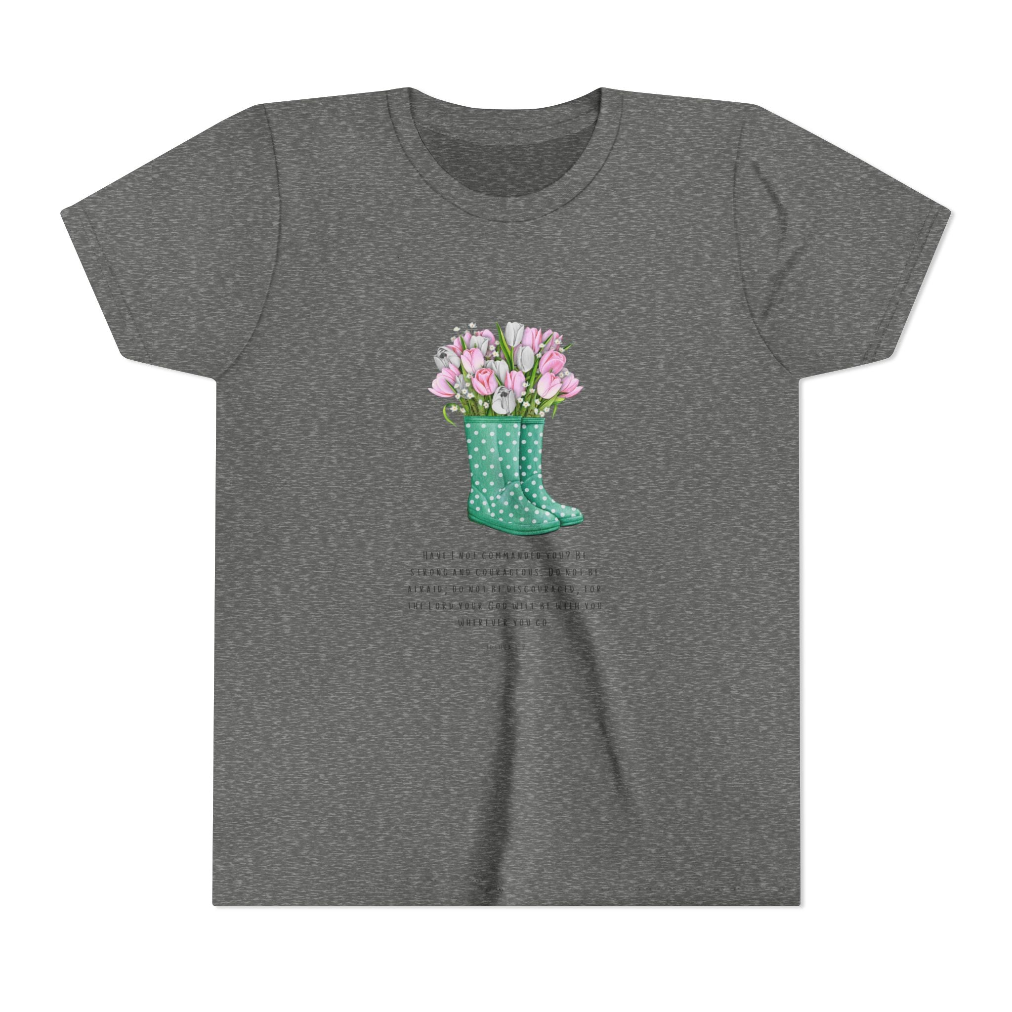 Youth Tee — Green Polka Dot Rain Boot with Pink Tulips Floral Shirt