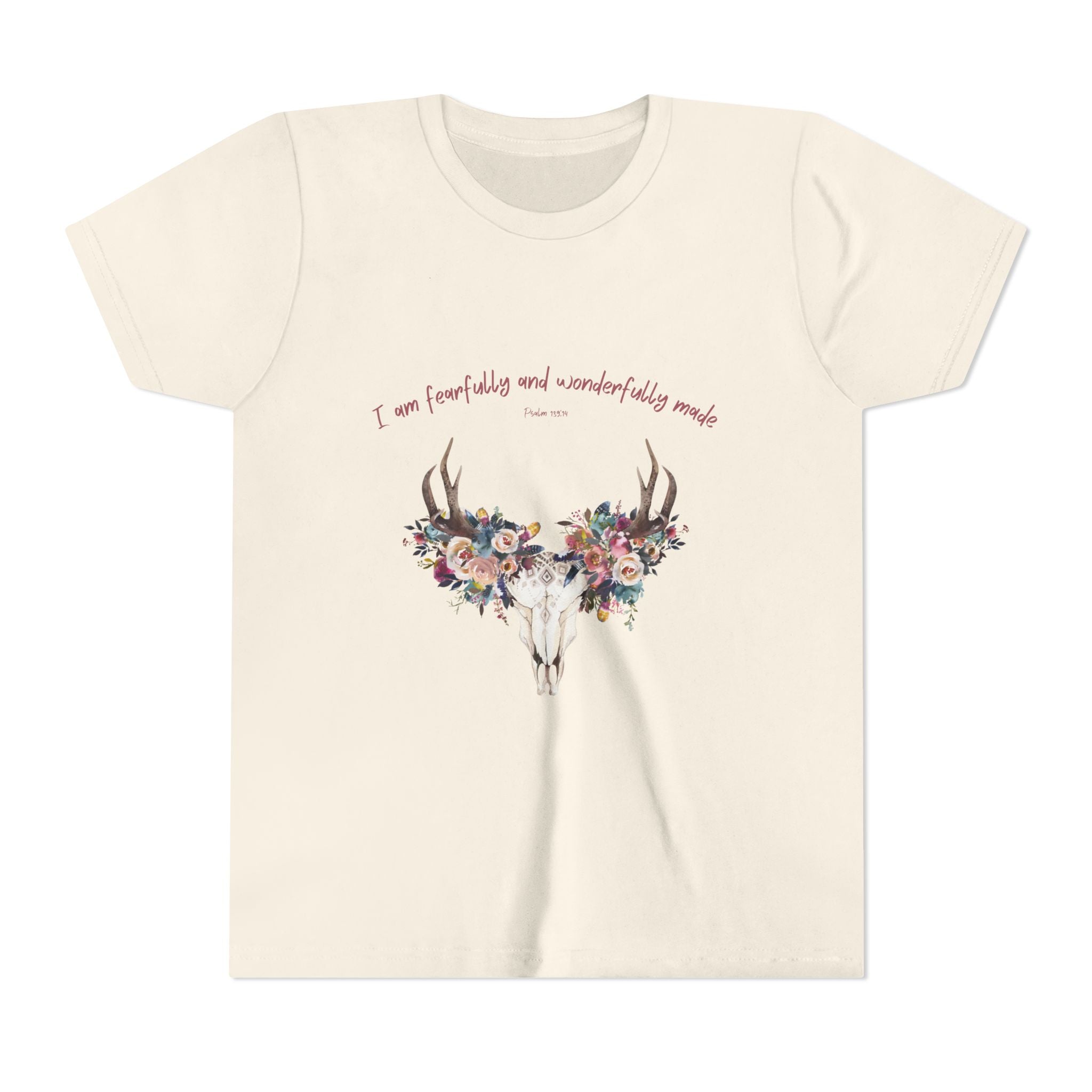 Youth Tee — Floral Antler Skull “I am fearfully and wonderfully made” Inspirational Shirt