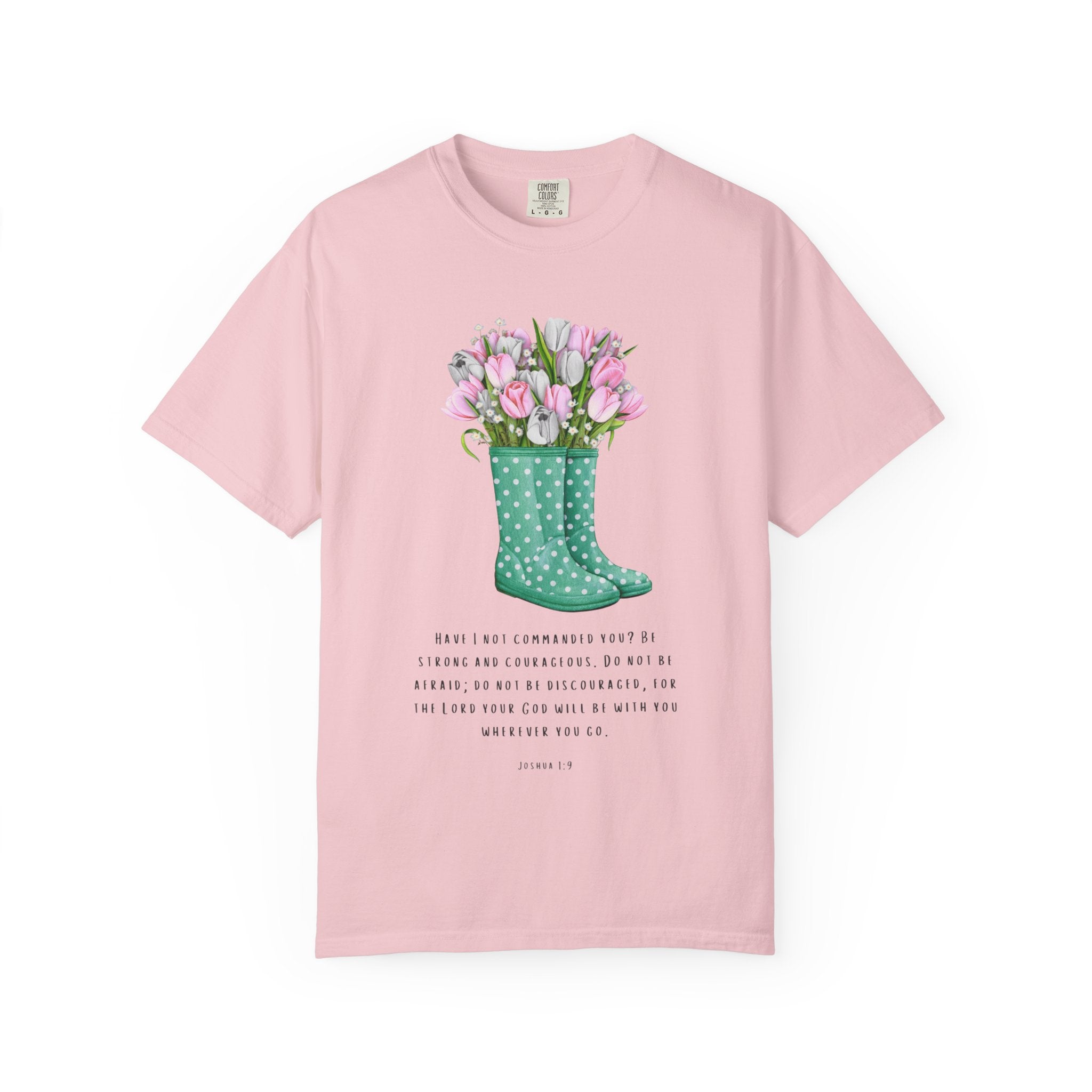 Tulip Rain Boot T-Shirt — Floral Bouquet Graphic Tee with Polka Dot Wellies