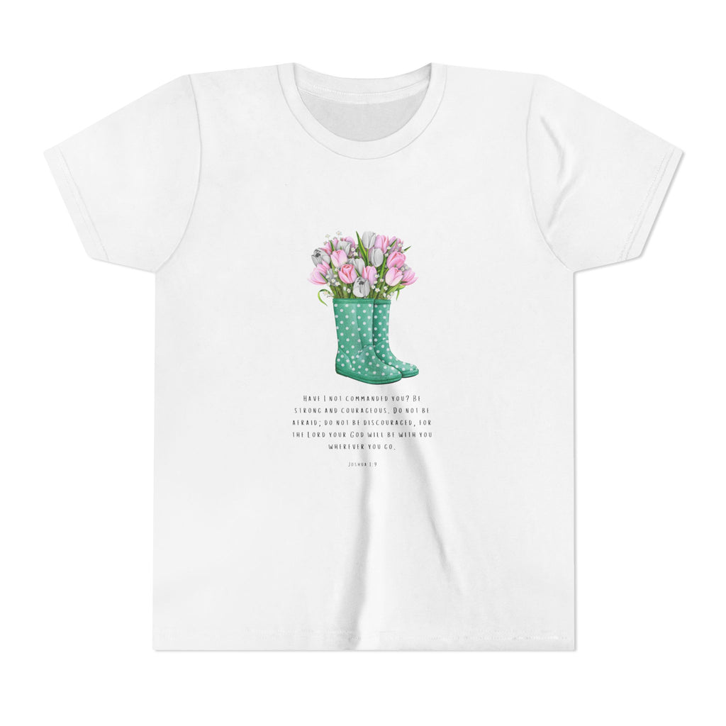 Youth Tee — Green Polka Dot Rain Boot with Pink Tulips Floral Shirt