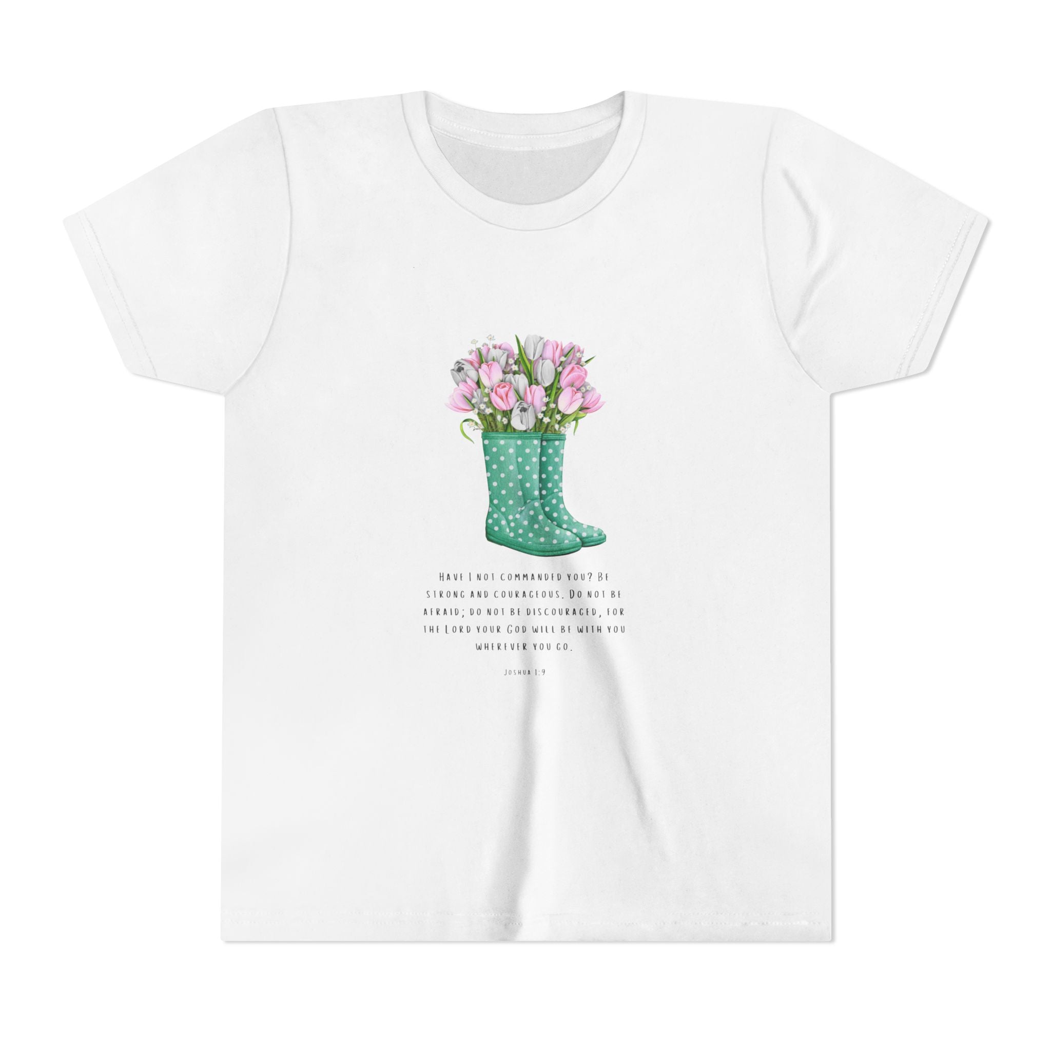 Youth Tee — Green Polka Dot Rain Boot with Pink Tulips Floral Shirt