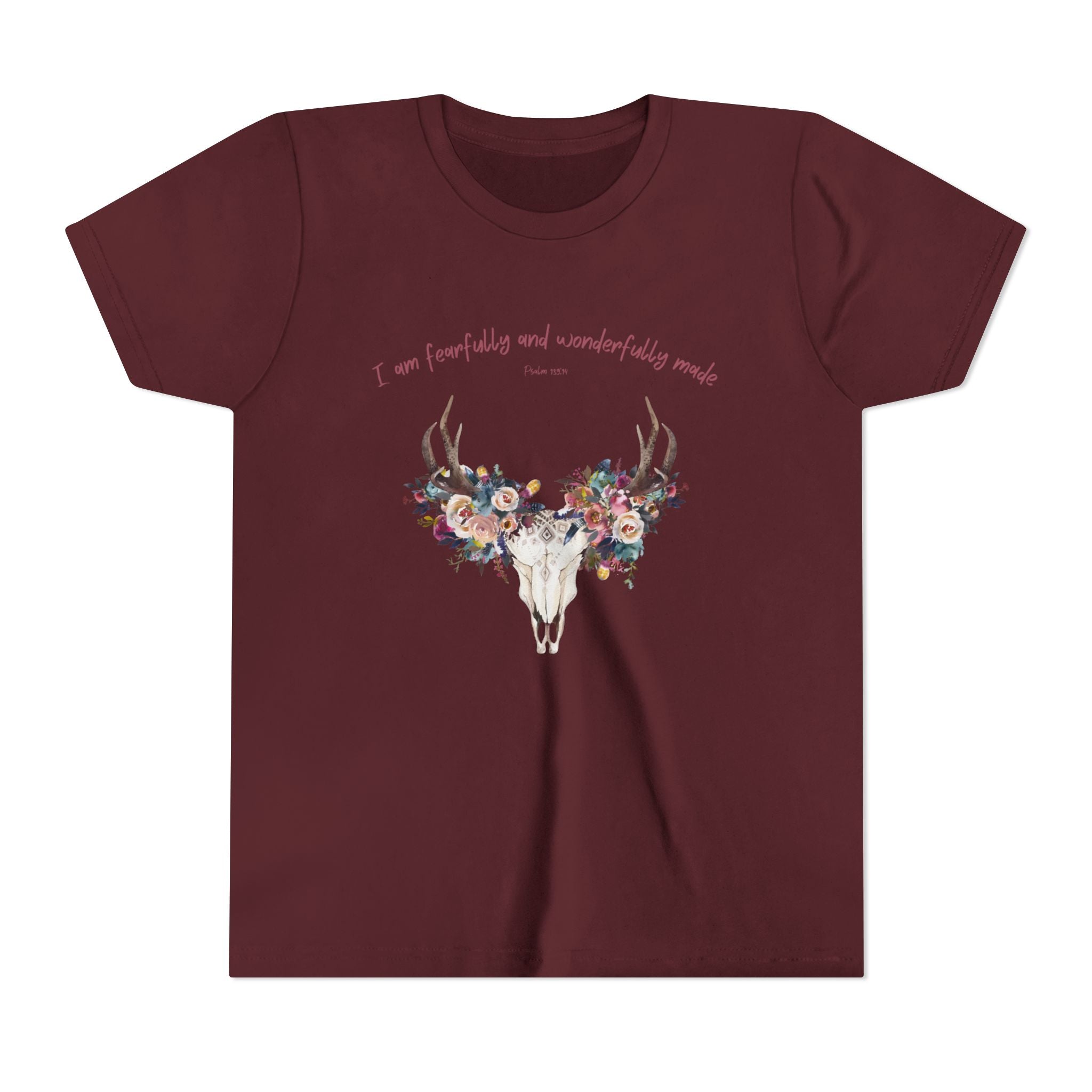 Floral Deer Skull Youth Tee | Psalm 139:14 Faith Tee | Girl Gift