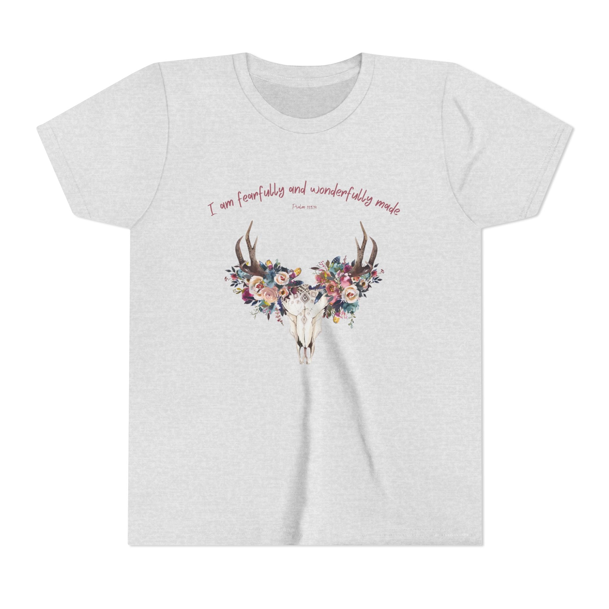 Floral Deer Skull Youth Tee | Psalm 139:14 Faith Tee | Girl Gift