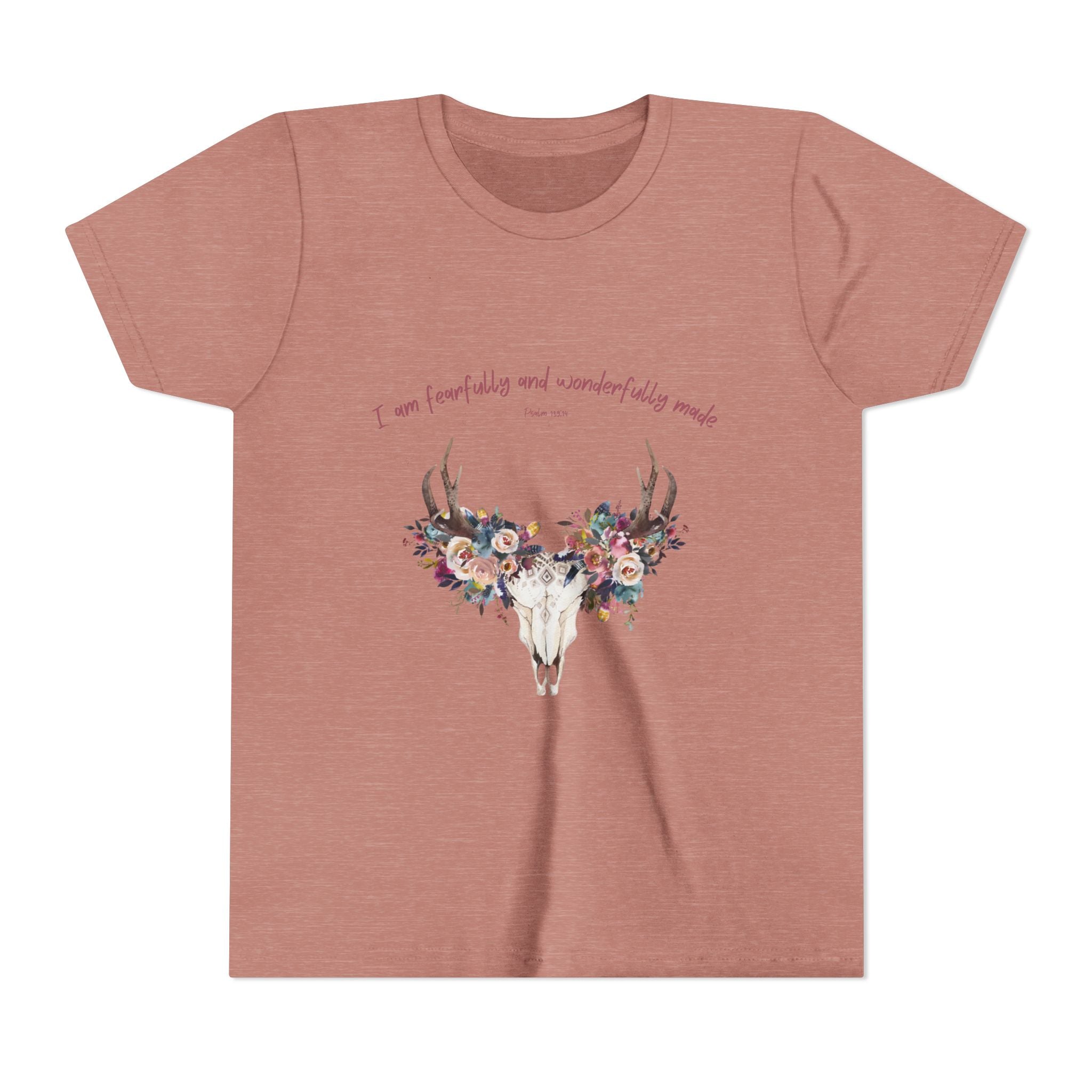Youth Tee — Floral Antler Skull “I am fearfully and wonderfully made” Inspirational Shirt