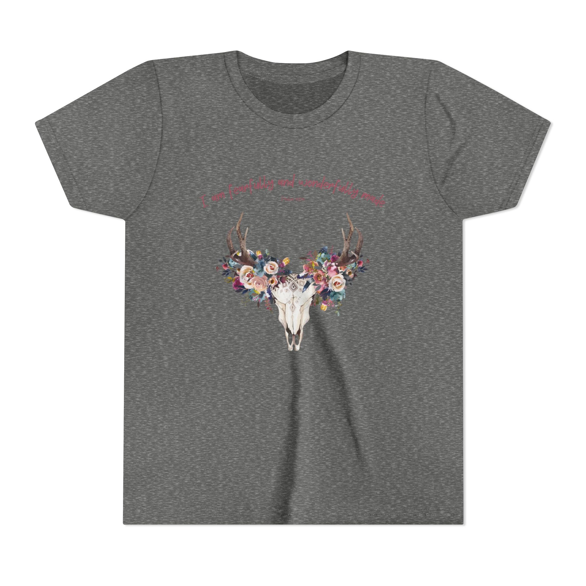 Floral Deer Skull Youth Tee | Psalm 139:14 Faith Tee | Girl Gift