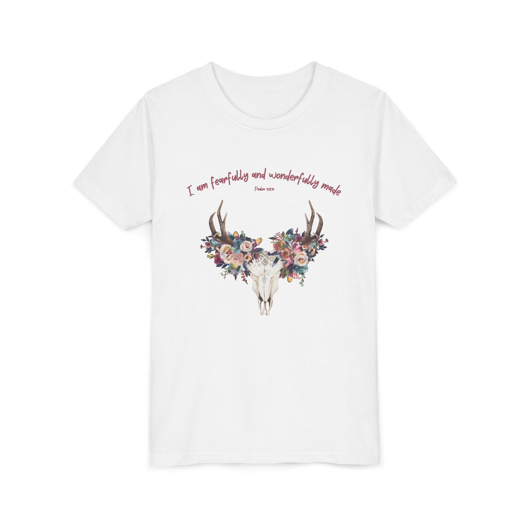 Floral Deer Skull Youth Tee | Psalm 139:14 Faith Tee | Girl Gift