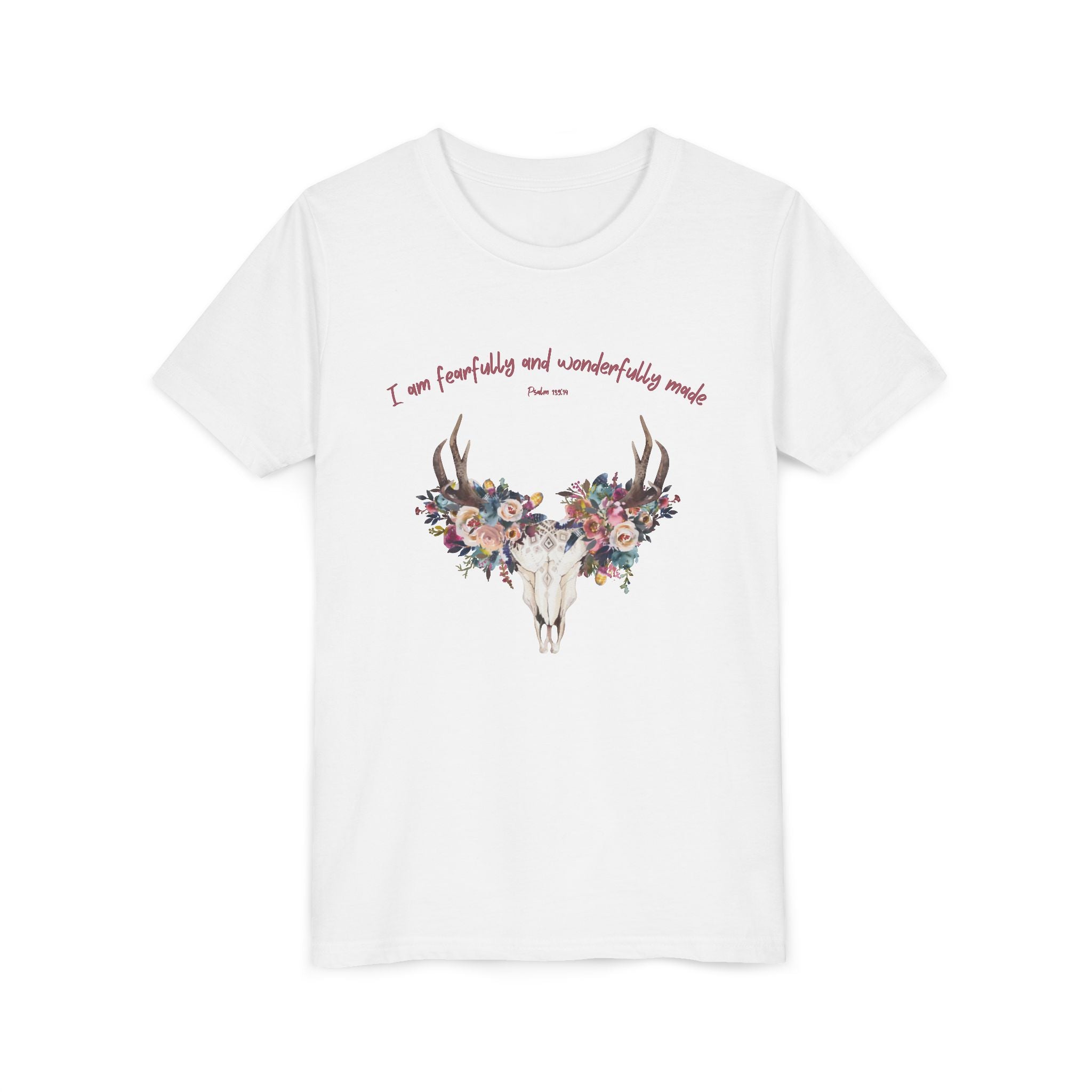 Floral Deer Skull Youth Tee | Psalm 139:14 Faith Tee | Girl Gift
