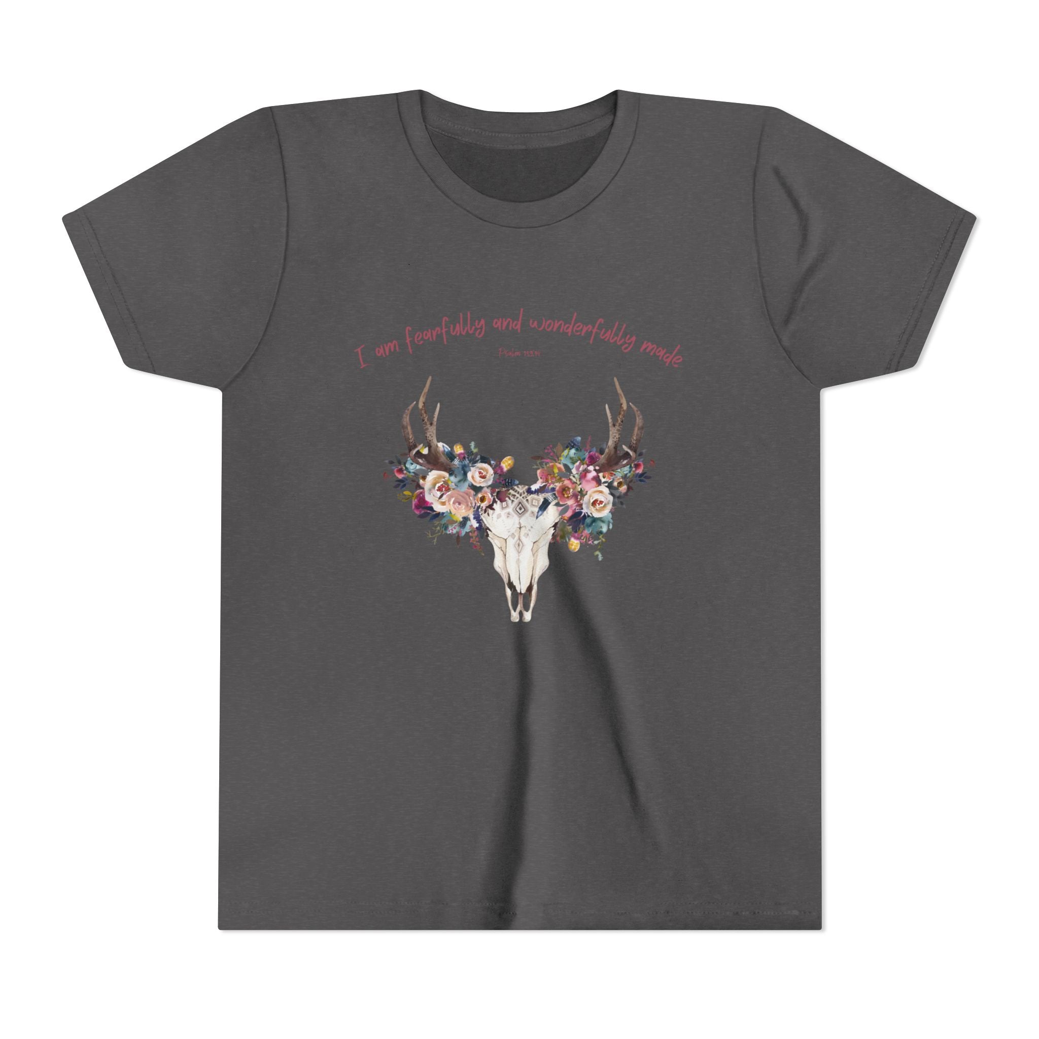 Floral Deer Skull Youth Tee | Psalm 139:14 Faith Tee | Girl Gift
