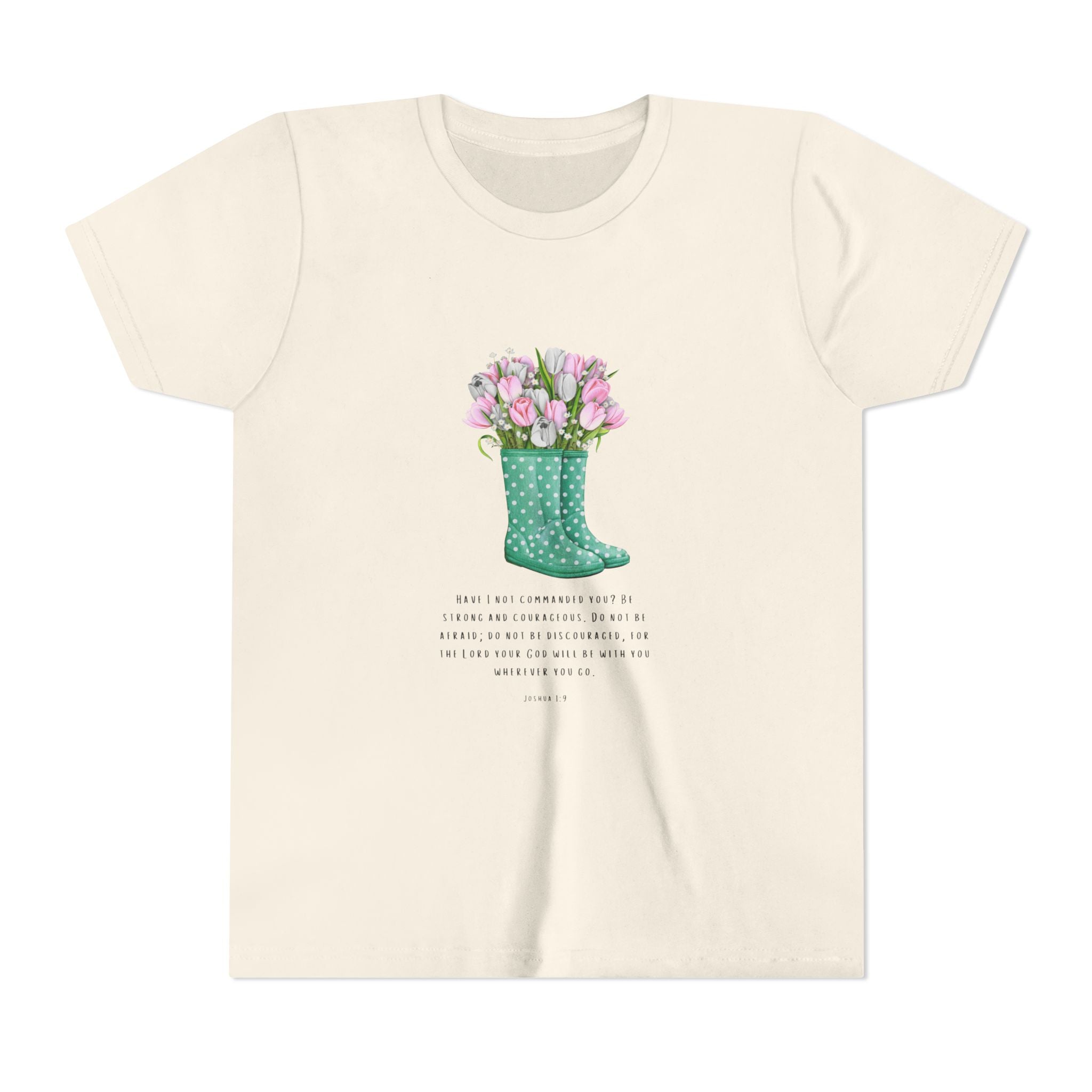 Youth Tee — Green Polka Dot Rain Boot with Pink Tulips Floral Shirt