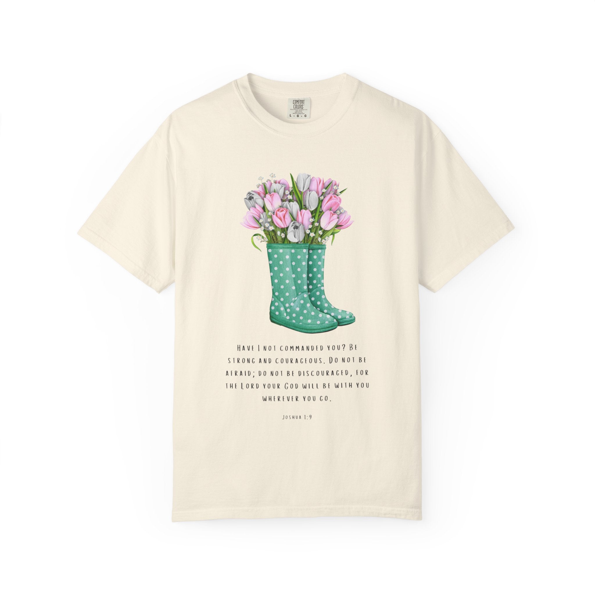 Tulip Rain Boot T-Shirt — Floral Bouquet Graphic Tee with Polka Dot Wellies