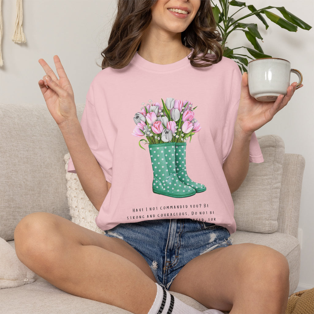 Tulip Rain Boot T-Shirt — Floral Bouquet Graphic Tee with Polka Dot Wellies