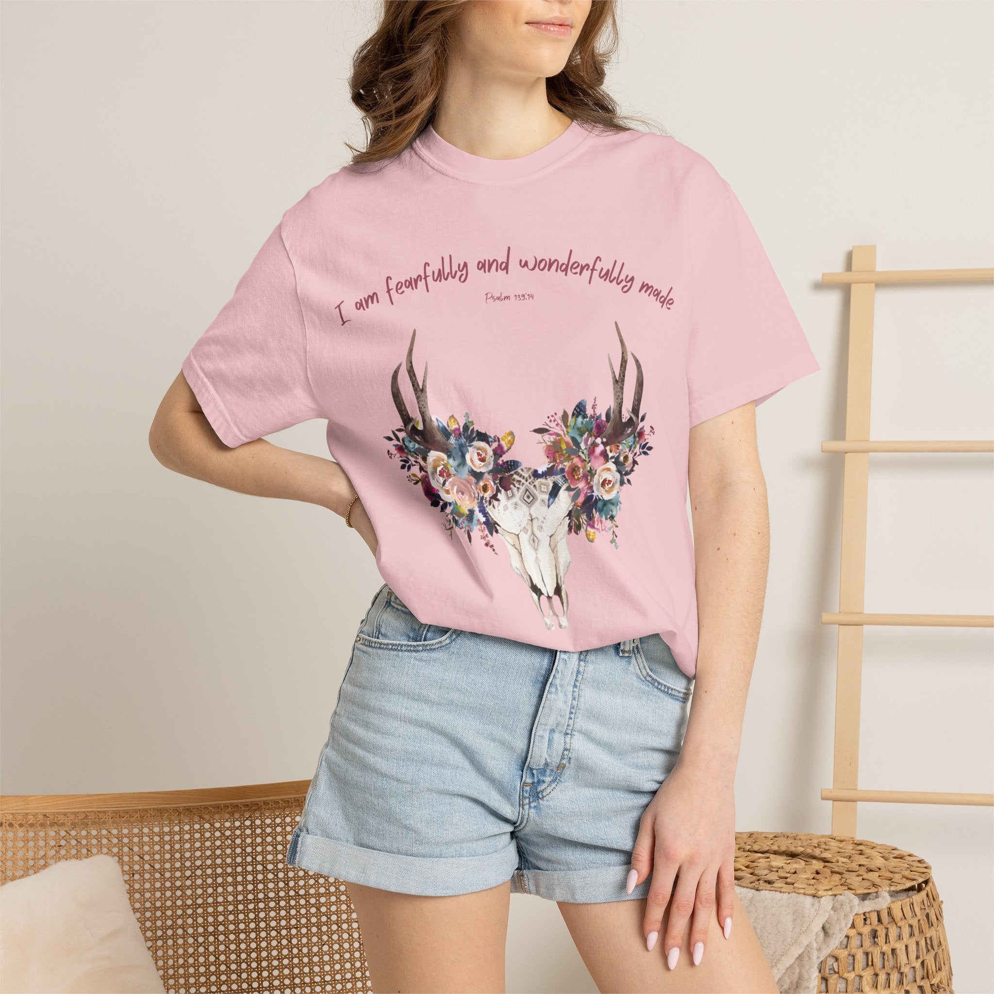 Floral Deer Skull T-Shirt — "I am fearfully and wonderfully made" Christian Floral Tee