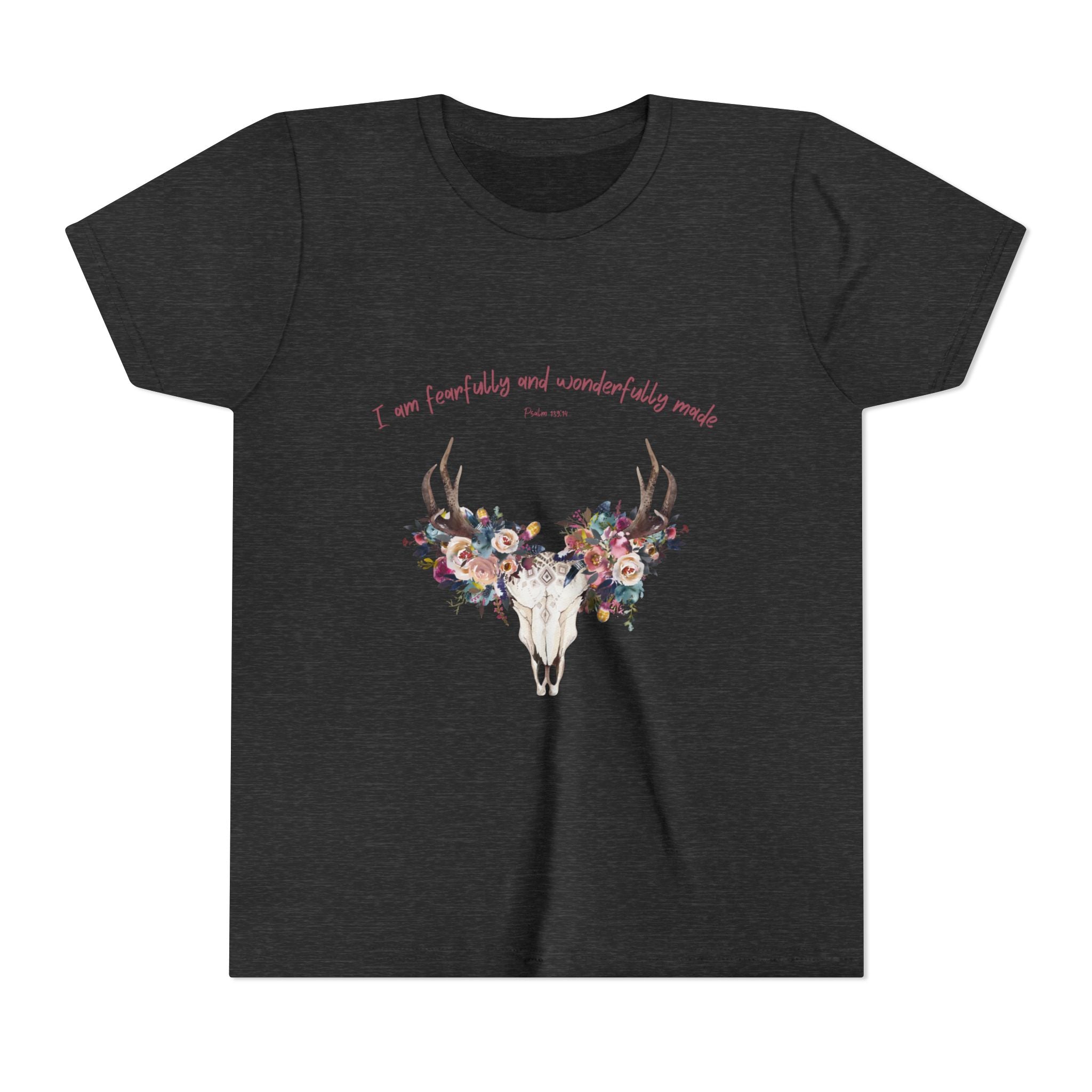 Youth Tee — Floral Antler Skull “I am fearfully and wonderfully made” Inspirational Shirt