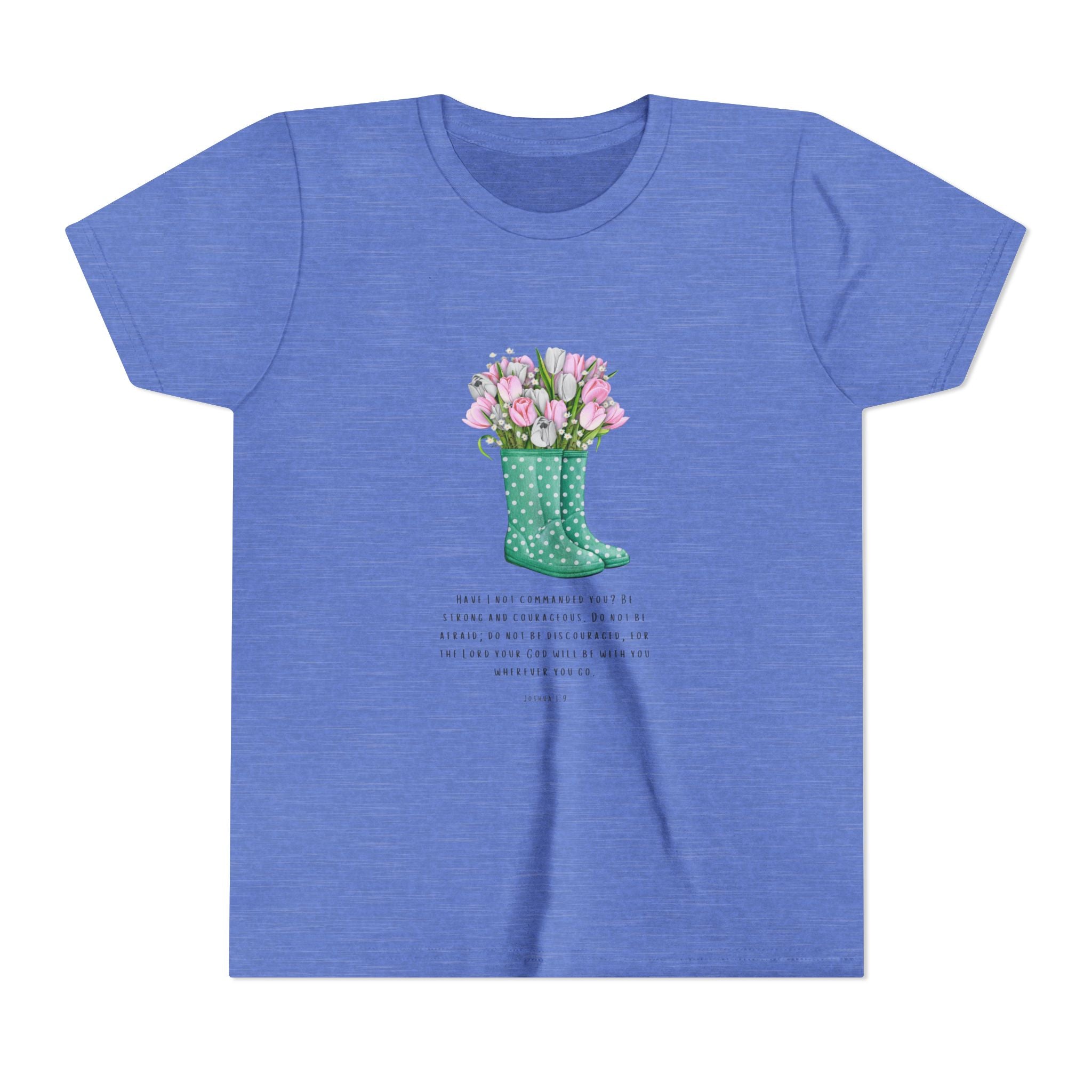 Youth Tee — Green Polka Dot Rain Boot with Pink Tulips Floral Shirt
