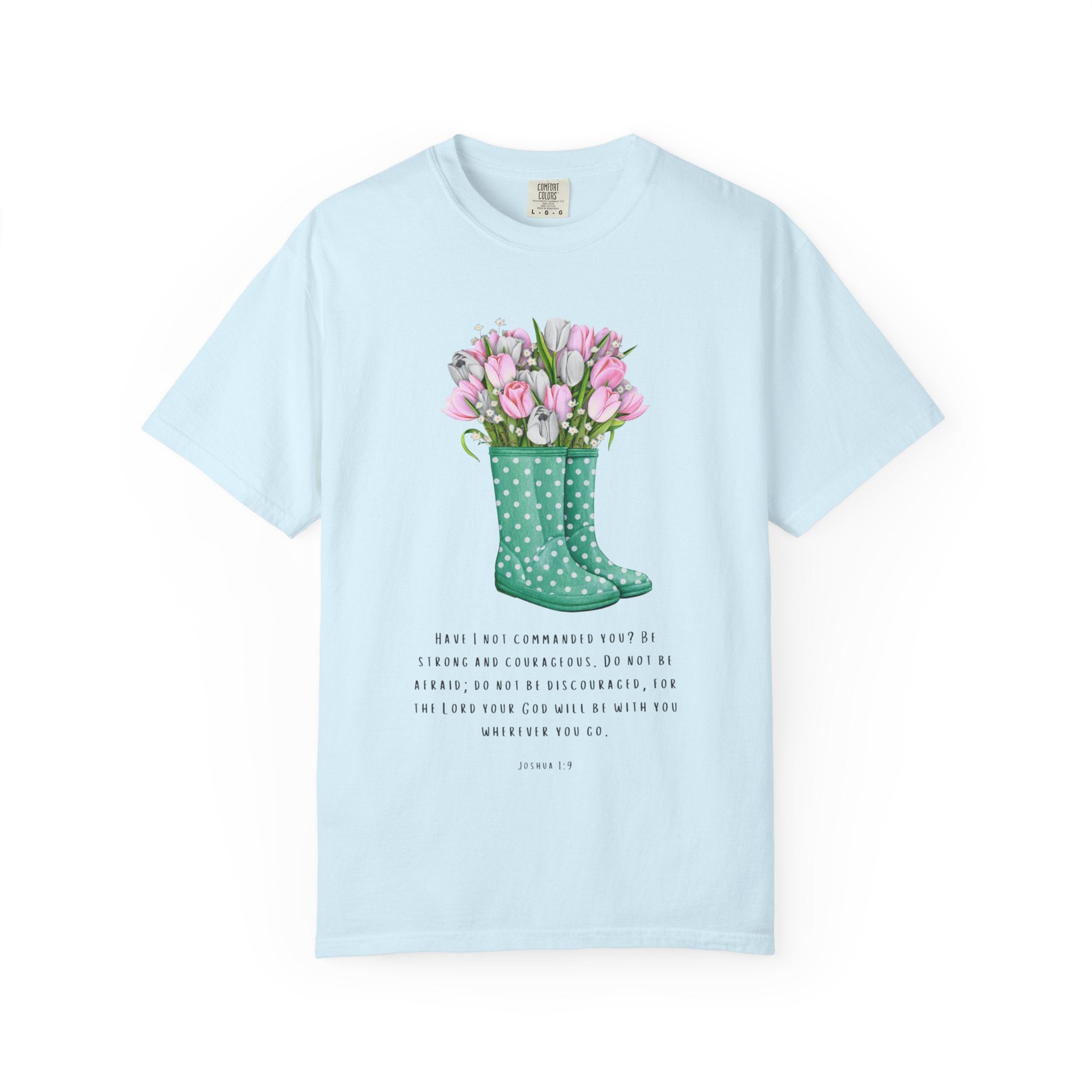 Tulip Rain Boot T-Shirt — Floral Bouquet Graphic Tee with Polka Dot Wellies