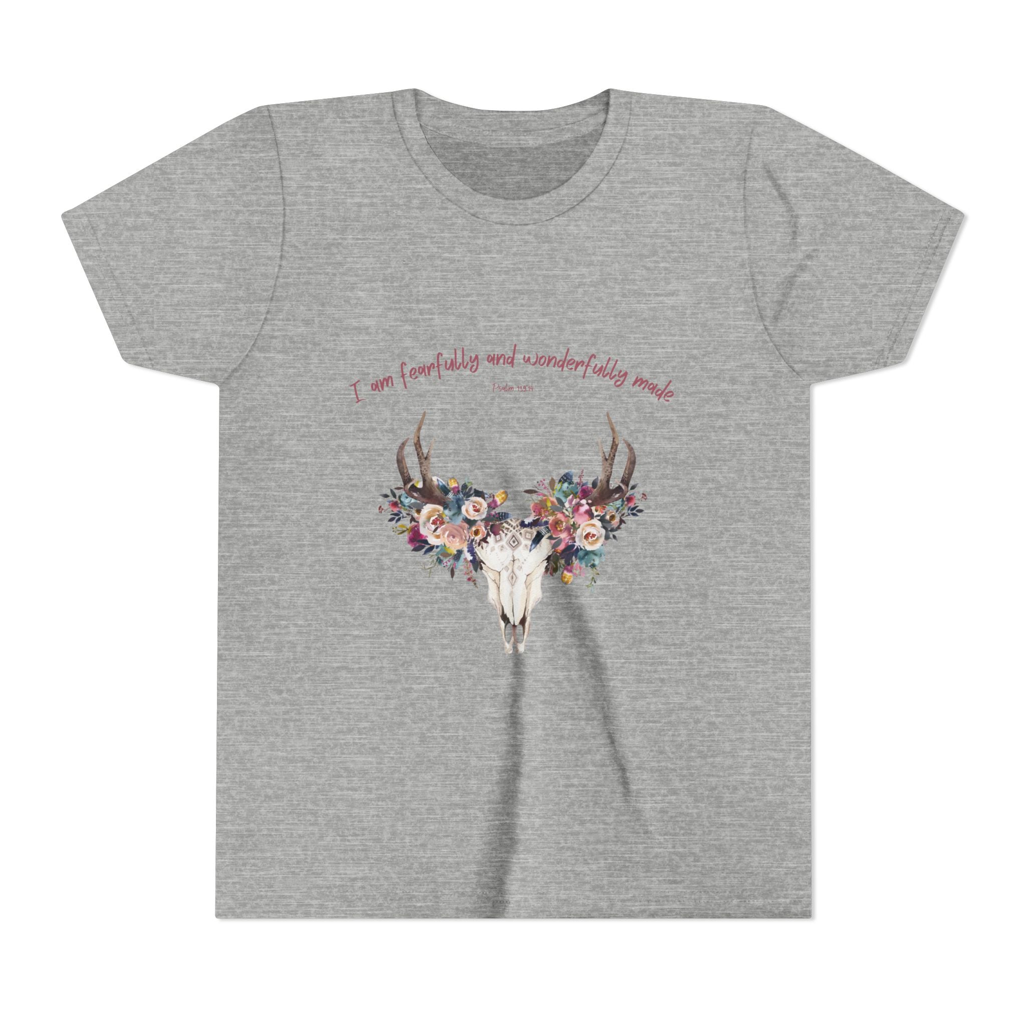 Youth Tee — Floral Antler Skull “I am fearfully and wonderfully made” Inspirational Shirt
