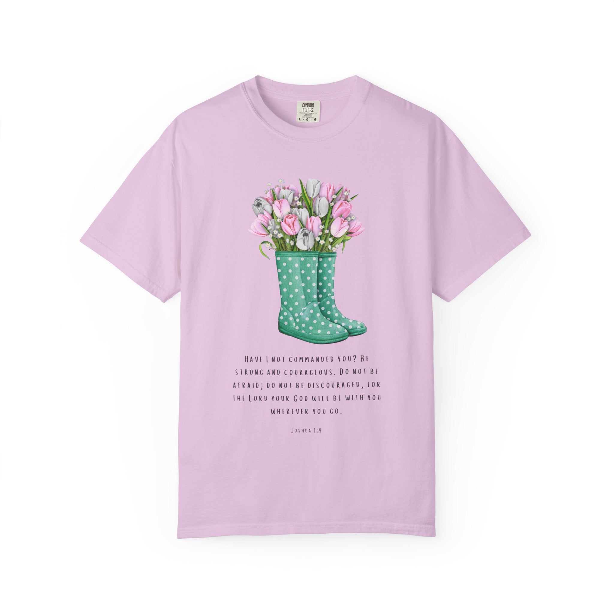 Tulip Rain Boot T-Shirt — Floral Bouquet Graphic Tee with Polka Dot Wellies