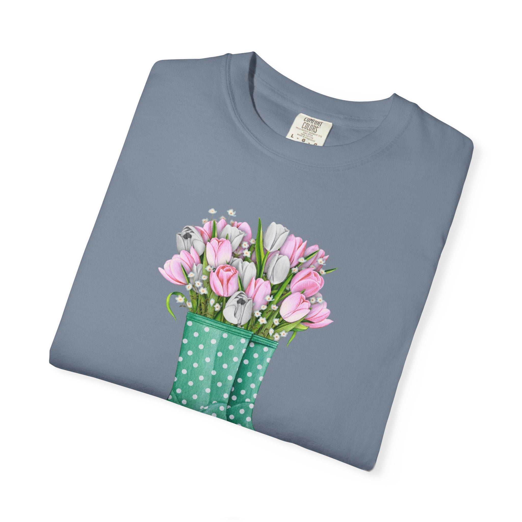 Tulip Rain Boot T-Shirt — Floral Bouquet Graphic Tee with Polka Dot Wellies- Joshua 1:9