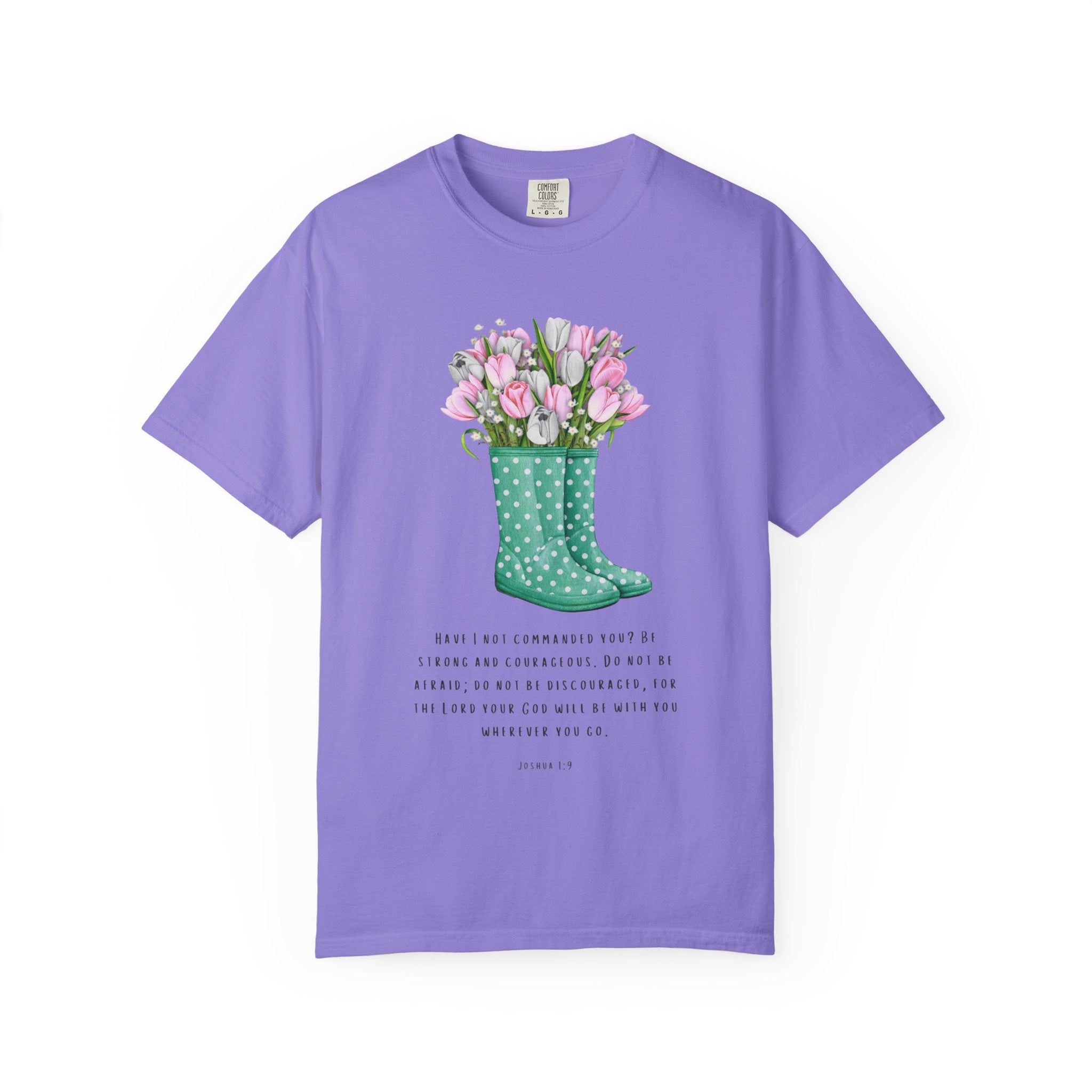 Tulip Rain Boot T-Shirt — Floral Bouquet Graphic Tee with Polka Dot Wellies