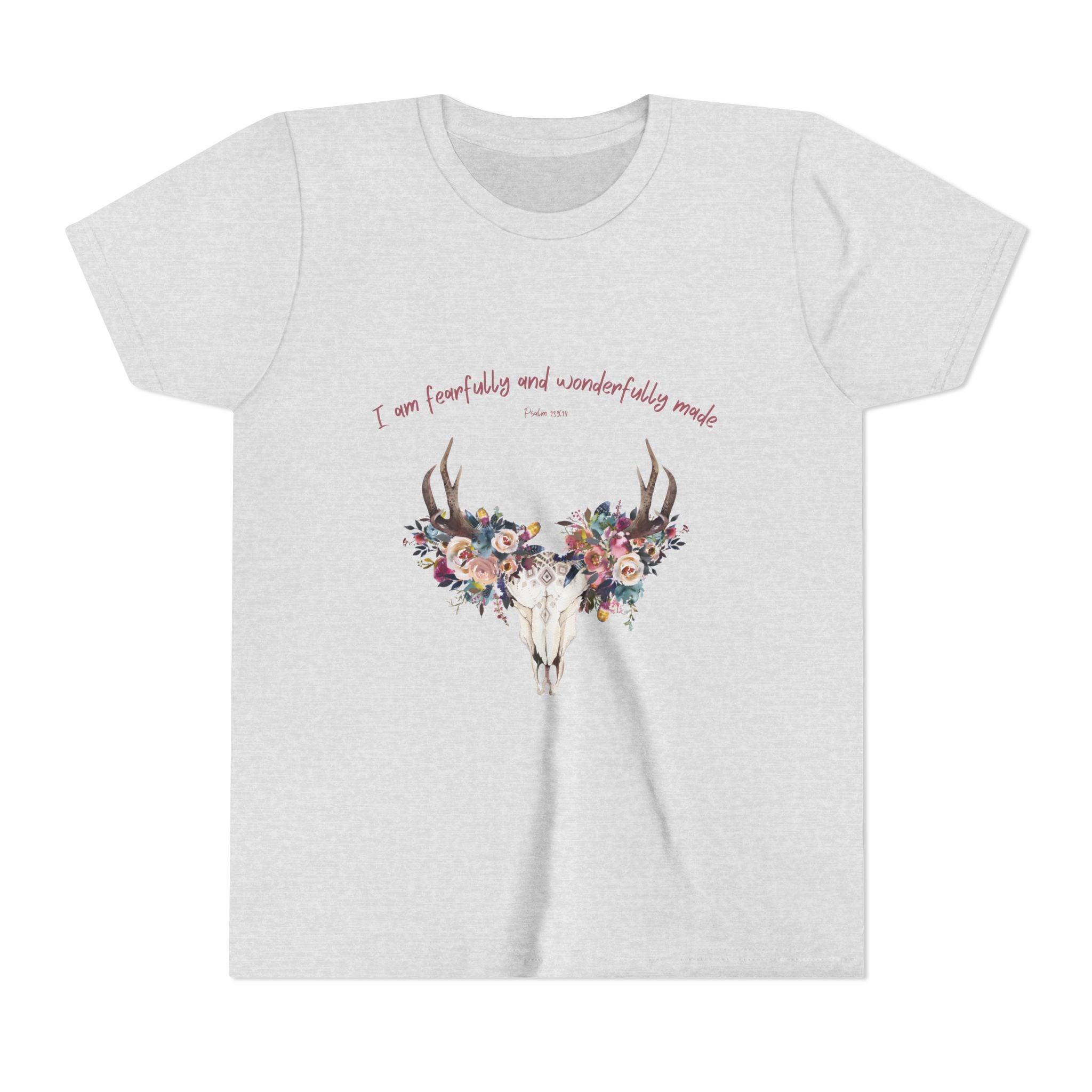 Youth Tee — Floral Antler Skull “I am fearfully and wonderfully made” Inspirational Shirt