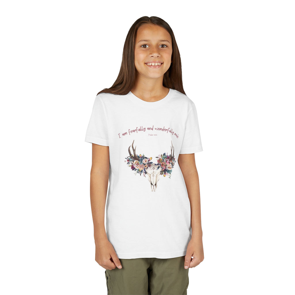 Floral Deer Skull Youth Tee | Psalm 139:14 Faith Tee | Girl Gift
