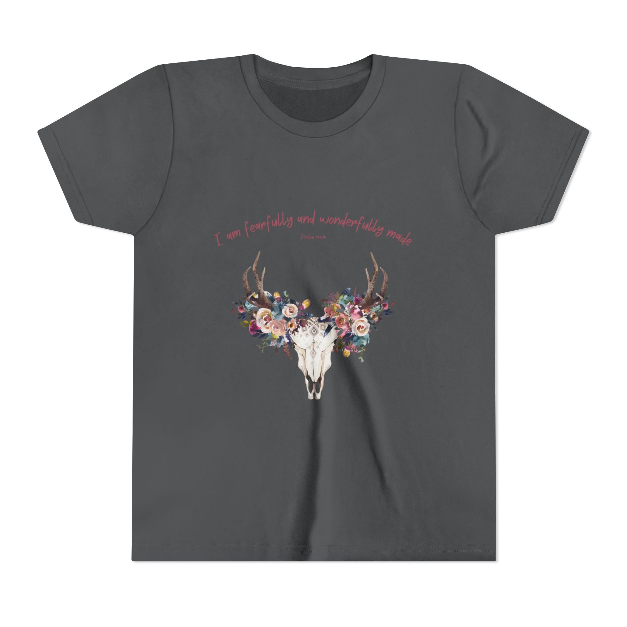 Youth Tee — Floral Antler Skull “I am fearfully and wonderfully made” Inspirational Shirt
