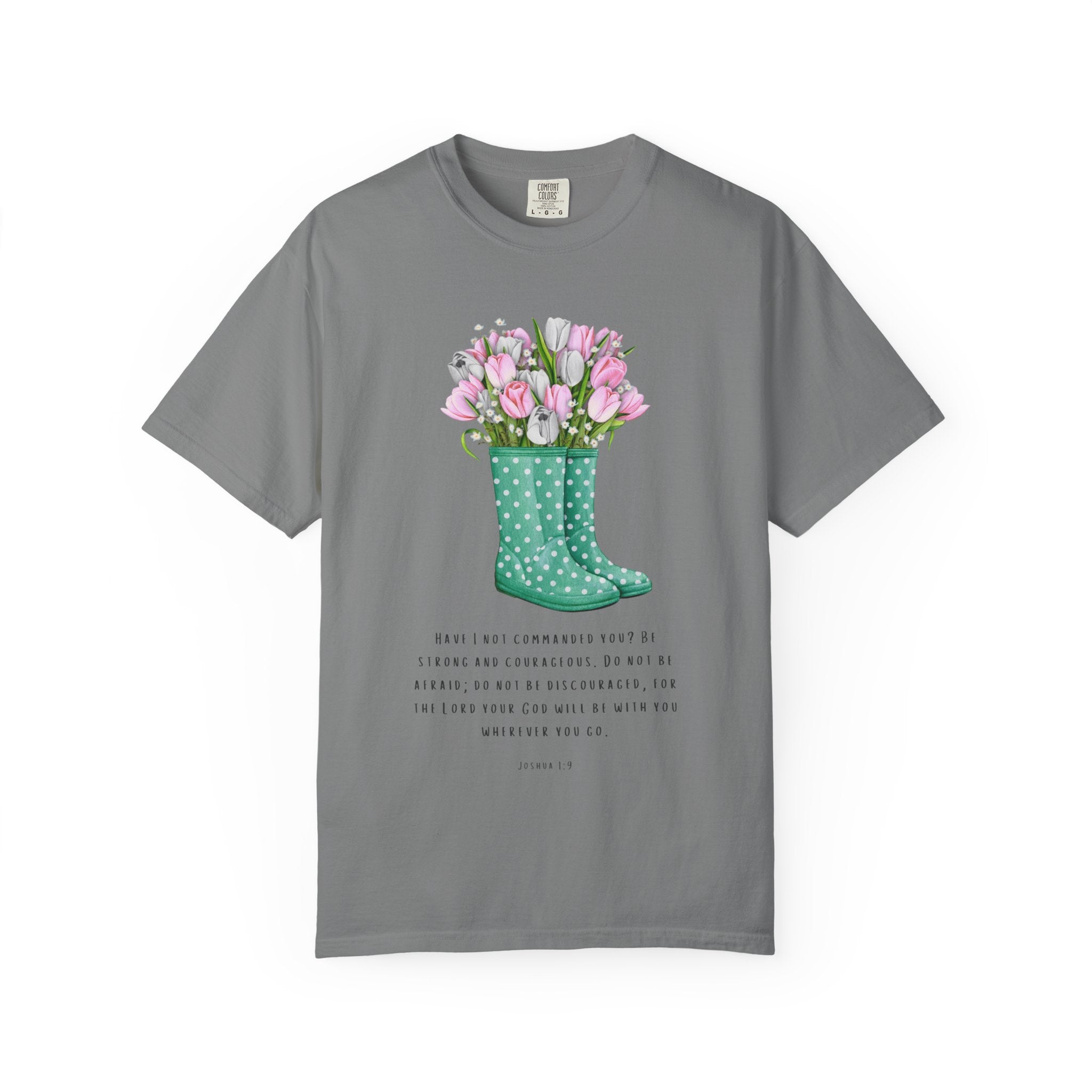 Tulip Rain Boot T-Shirt — Floral Bouquet Graphic Tee with Polka Dot Wellies