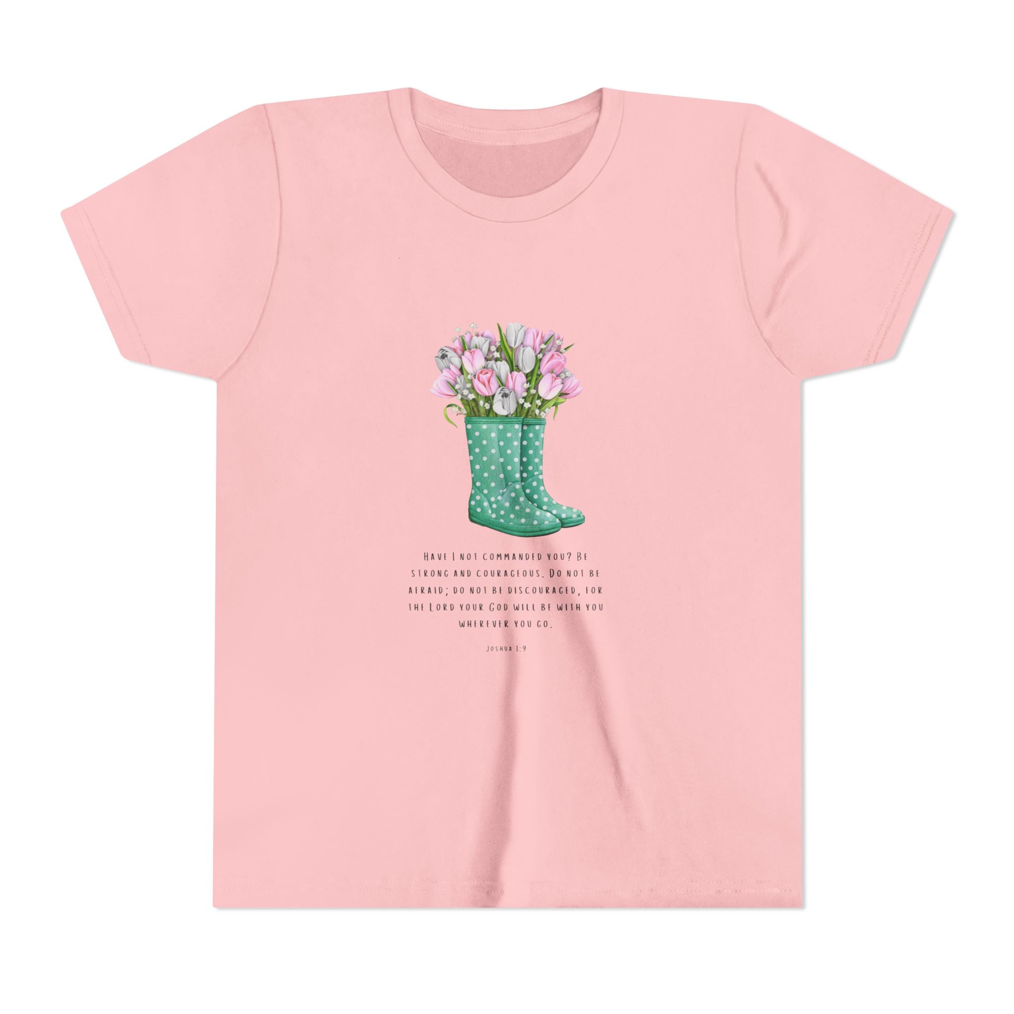 Youth Tee — Green Polka Dot Rain Boot with Pink Tulips Floral Shirt