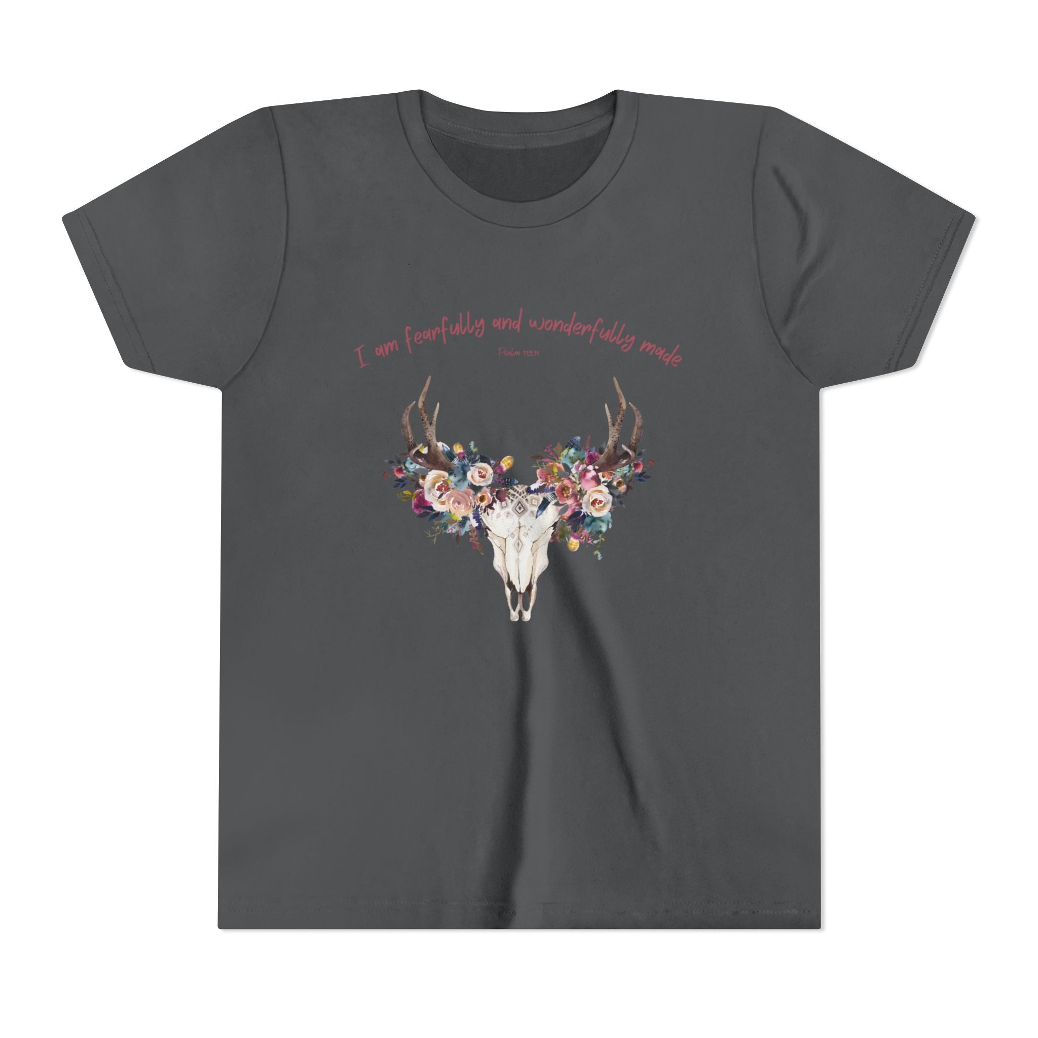 Floral Deer Skull Youth Tee | Psalm 139:14 Faith Tee | Girl Gift