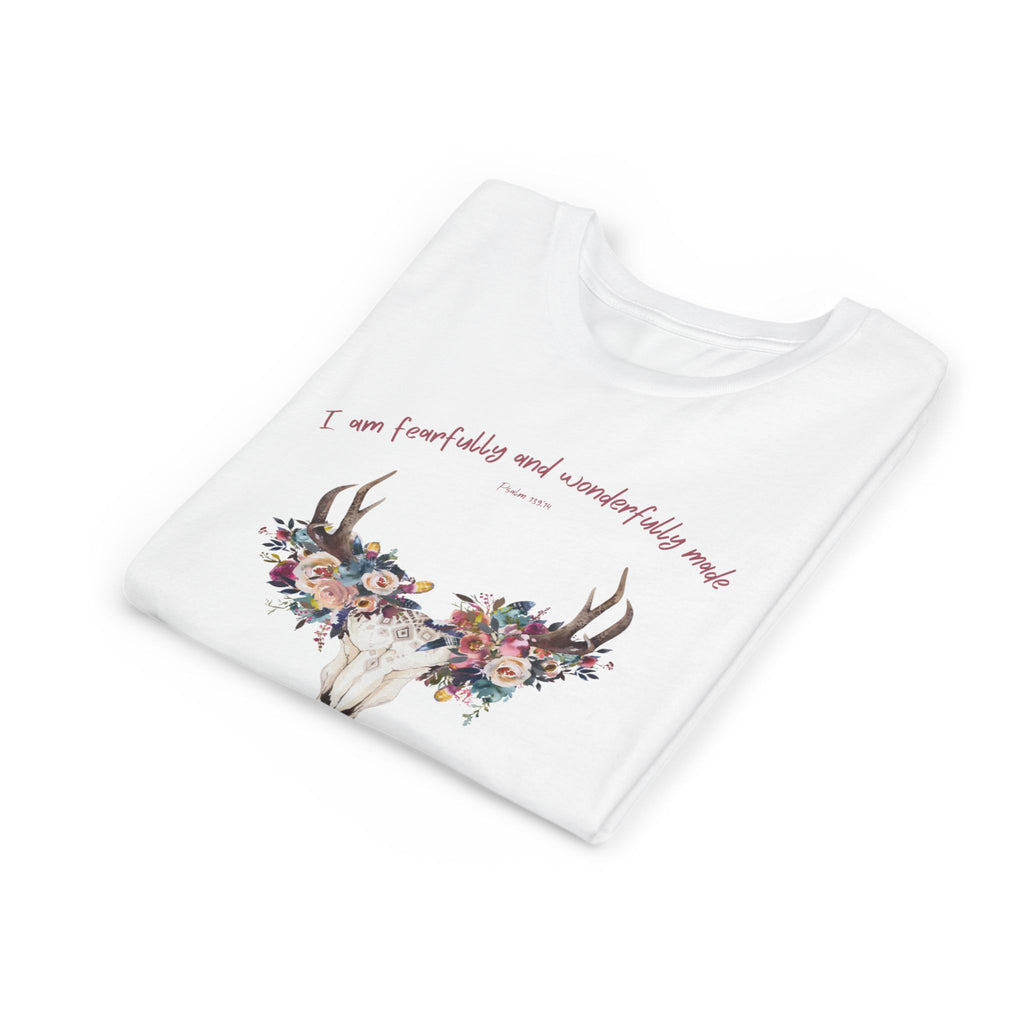 Floral Deer Skull Youth Tee | Psalm 139:14 Faith Tee | Girl Gift