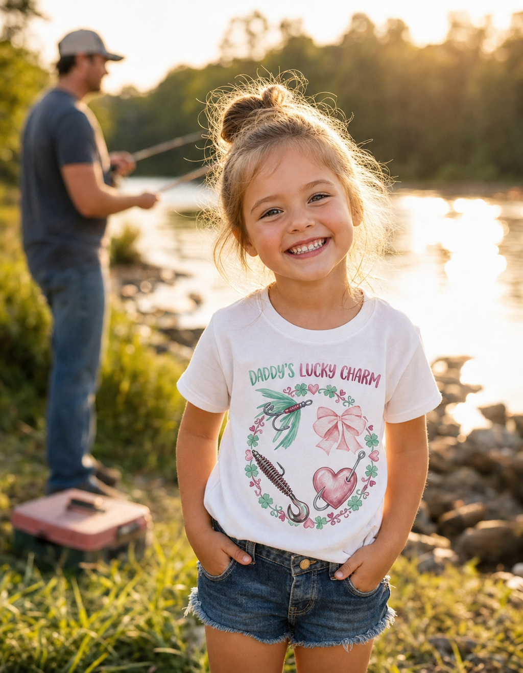 Daddy's Lucky Charm Toddler Tee | Fishing & Bow Design | Girl Dad Gift