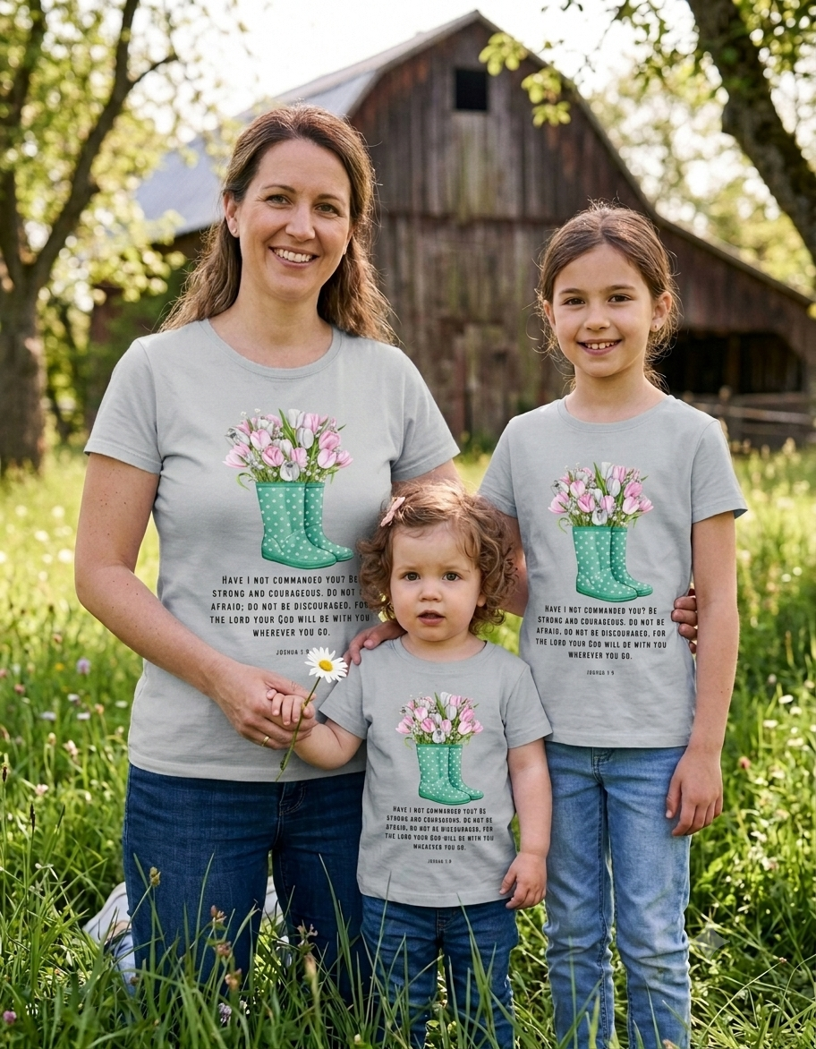 Rain Boot Tulip Youth Tee | Joshua 1:9 Floral Tee | Spring Easter Gift