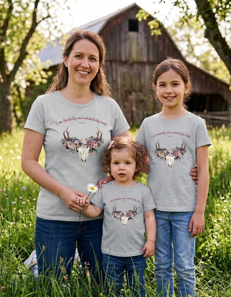 Floral Deer Skull Youth Tee | Psalm 139:14 Faith Tee | Girl Gift