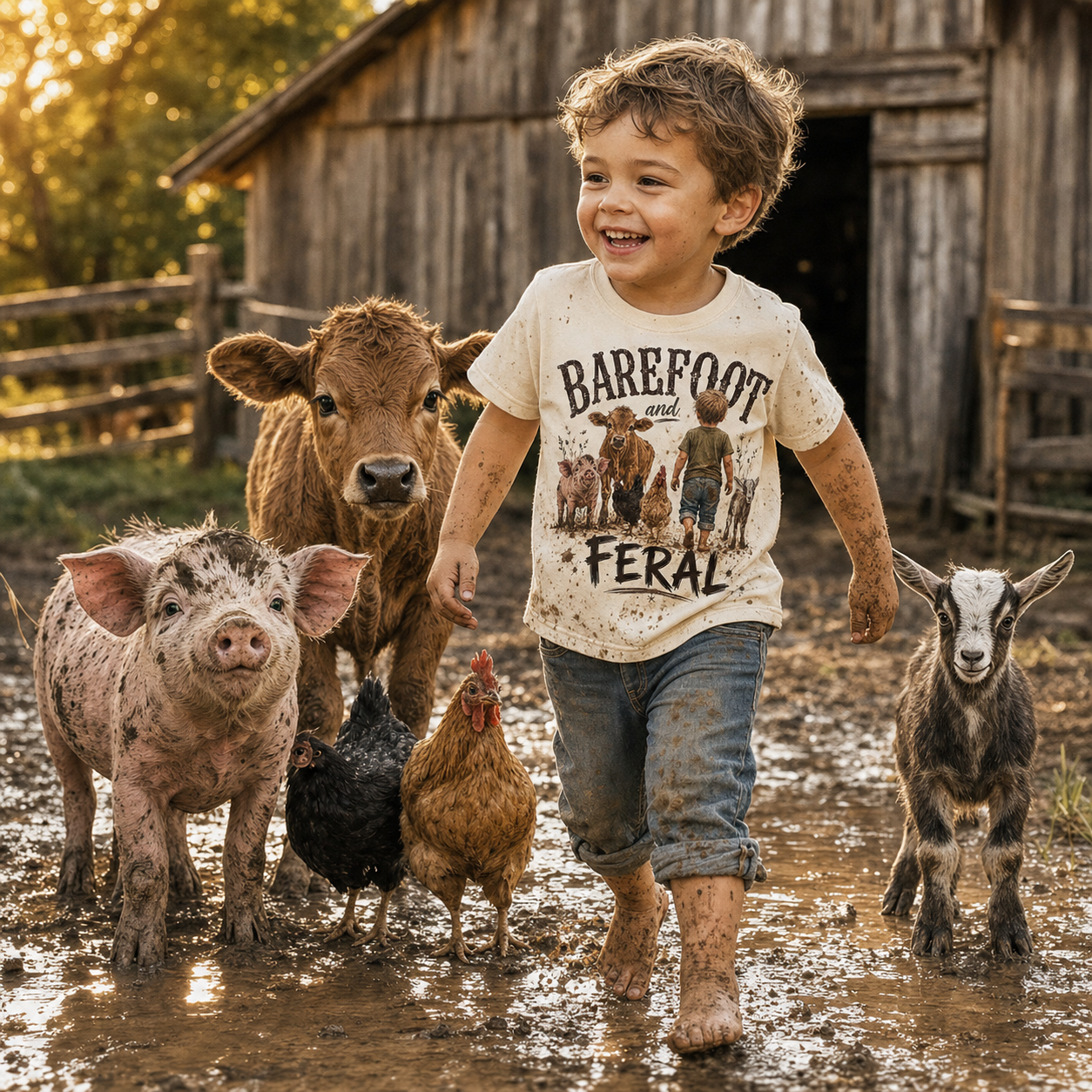 Barefoot and Feral Toddler Tee | Calf & Farm Graphic | Farm Kid Gift