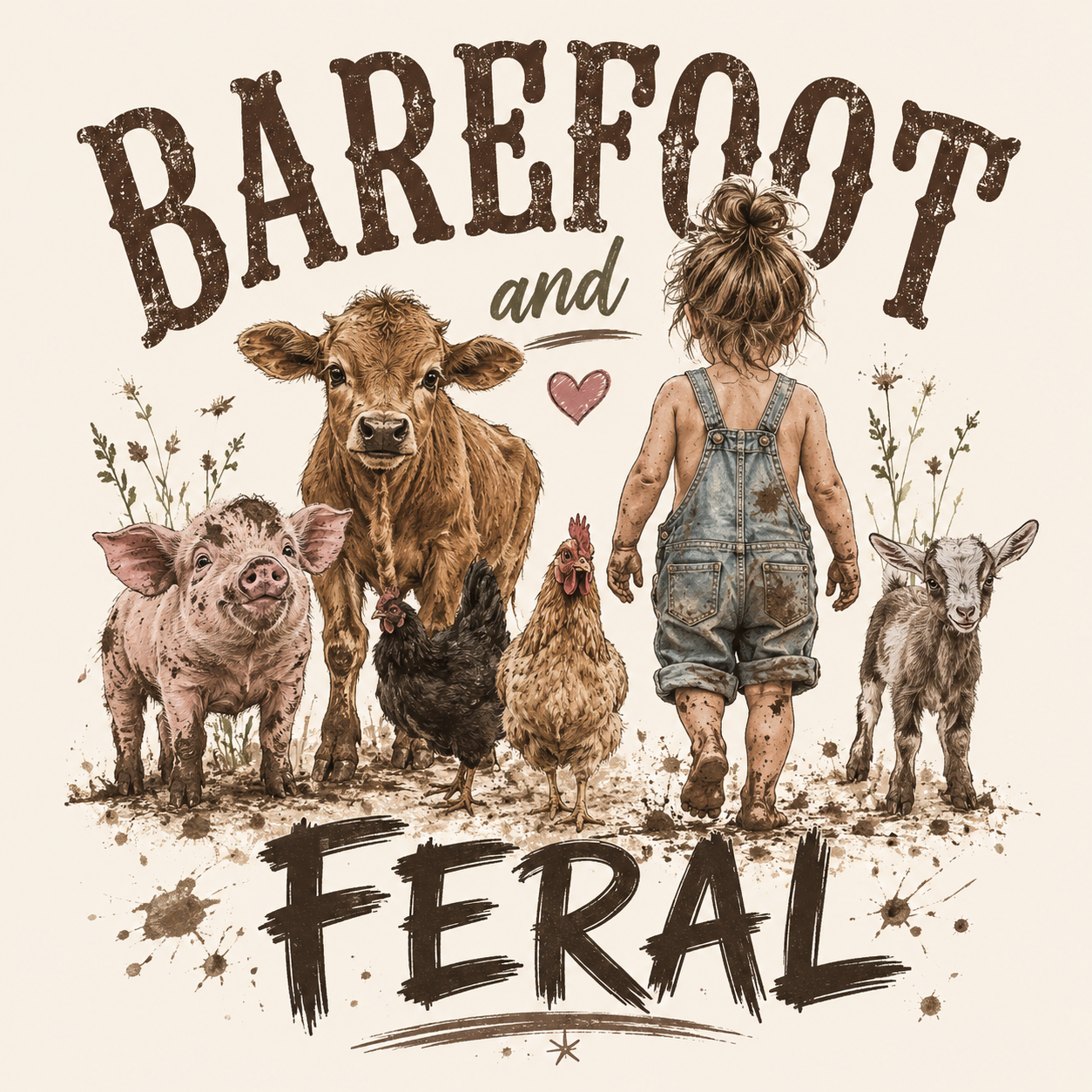Barefoot and Feral Toddler Tee | Farm Animal Graphic | Farm Kid Gift