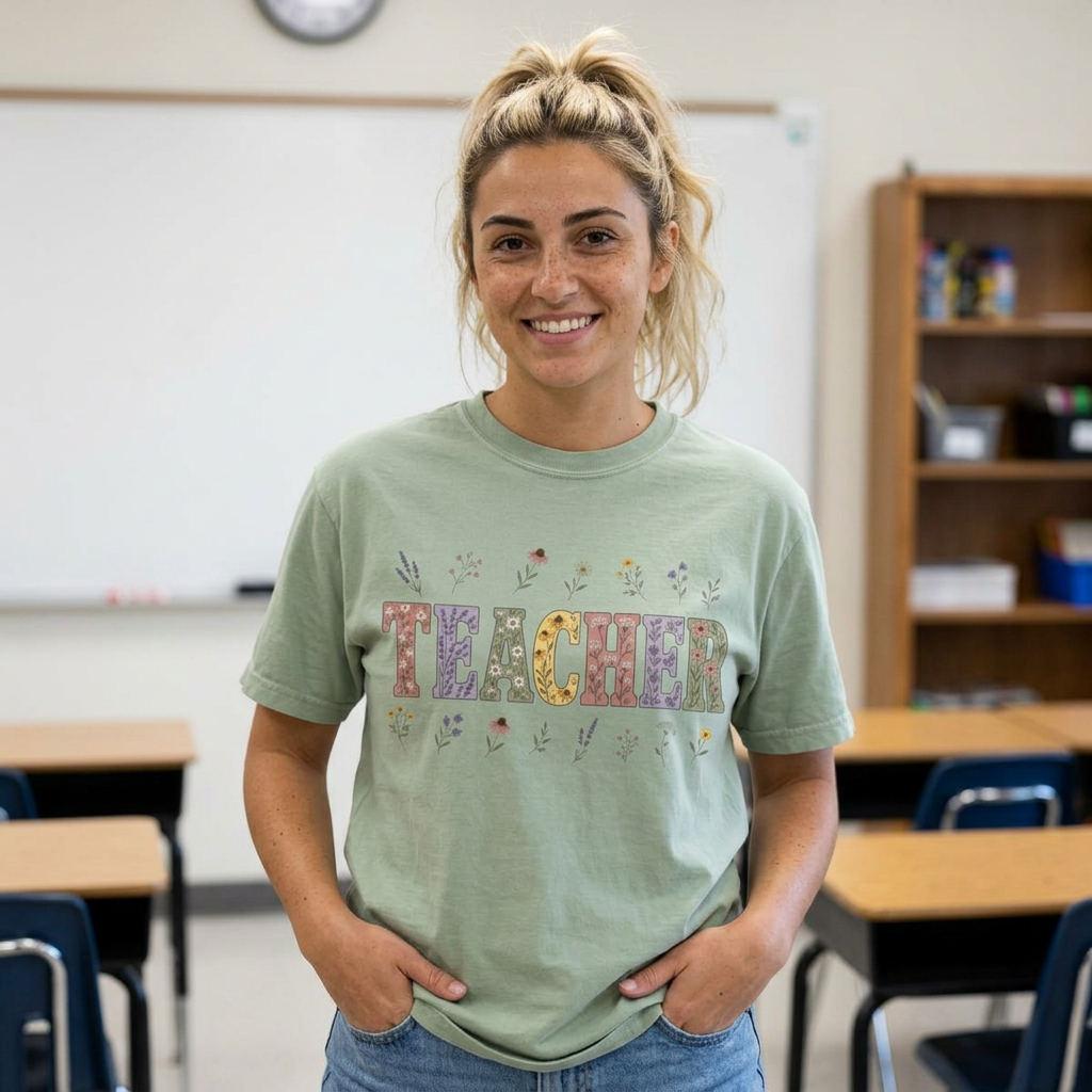 Teacher Floral Graphic T-Shirt | ‘TEACHER’ Vintage Garden Design