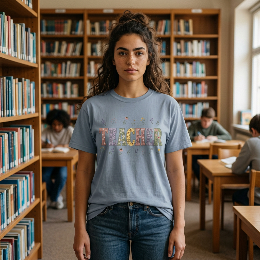 Teacher Floral Graphic T-Shirt | ‘TEACHER’ Vintage Garden Design