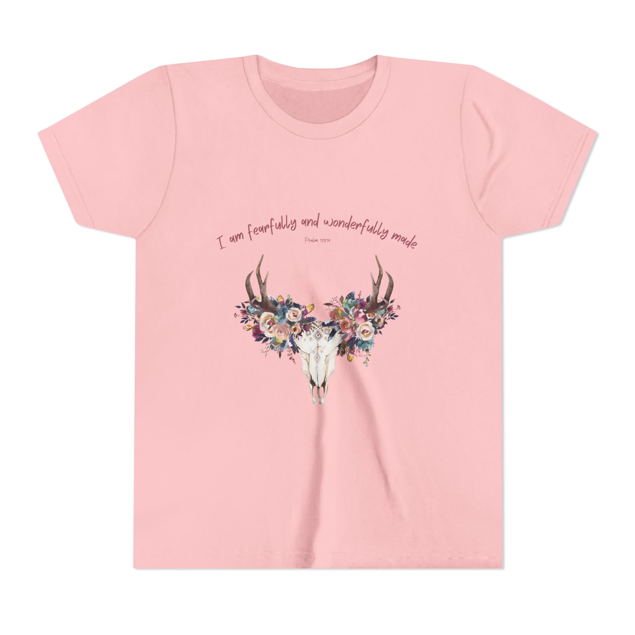 Youth Tee — Floral Antler Skull “I am fearfully and wonderfully made” Inspirational Shirt