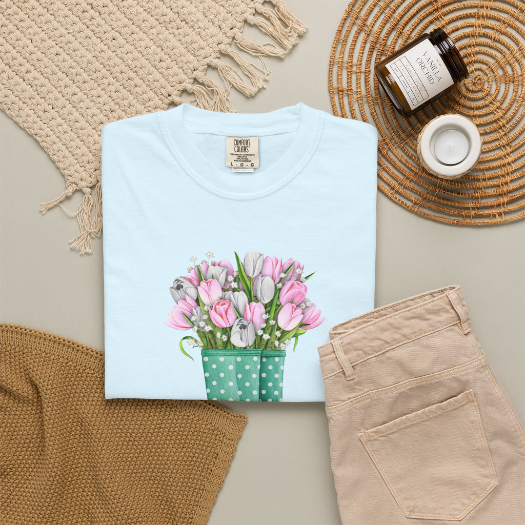 Tulip Rain Boot T-Shirt — Floral Bouquet Graphic Tee with Polka Dot Wellies- Joshua 1:9
