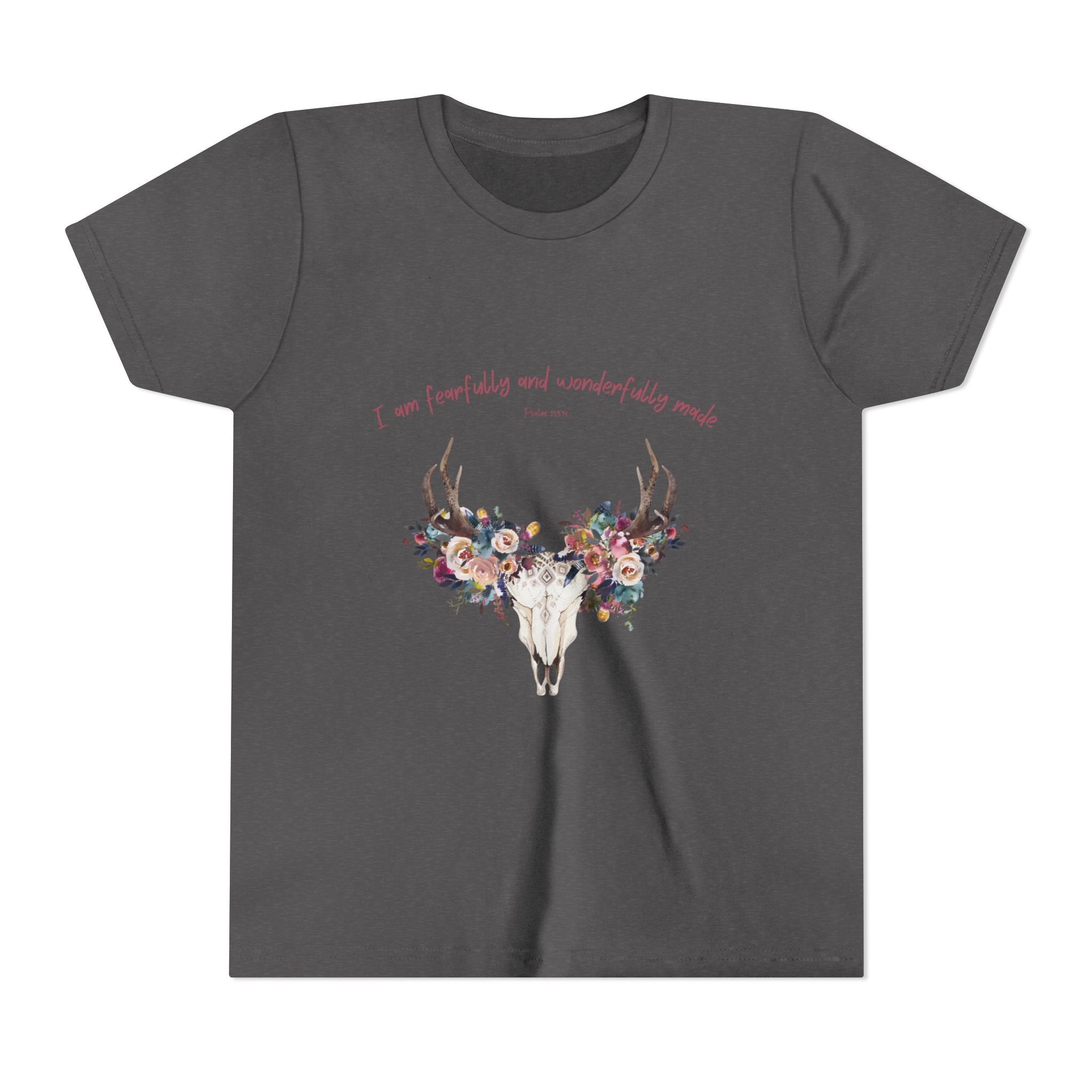 Youth Tee — Floral Antler Skull “I am fearfully and wonderfully made” Inspirational Shirt