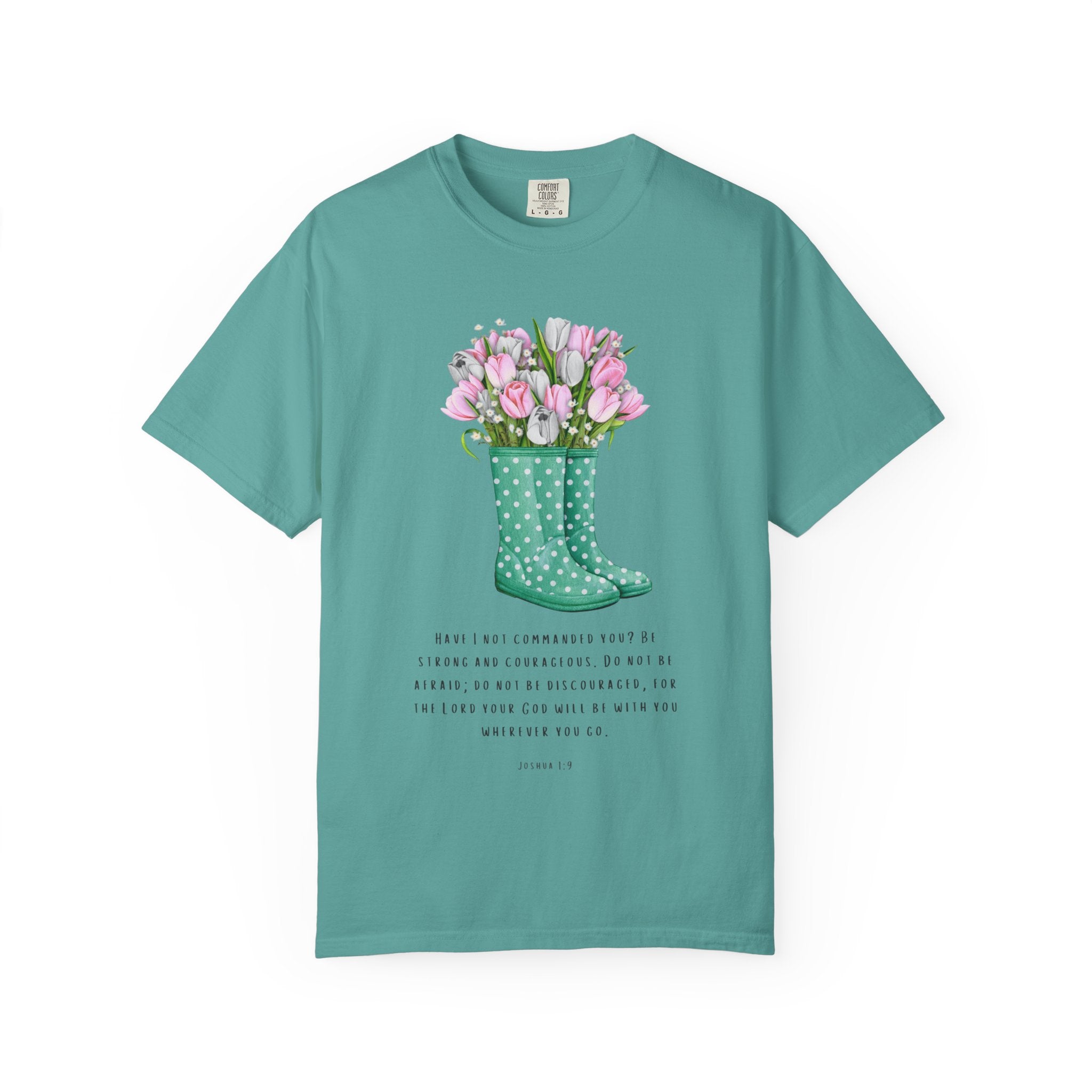 Tulip Rain Boot T-Shirt — Floral Bouquet Graphic Tee with Polka Dot Wellies
