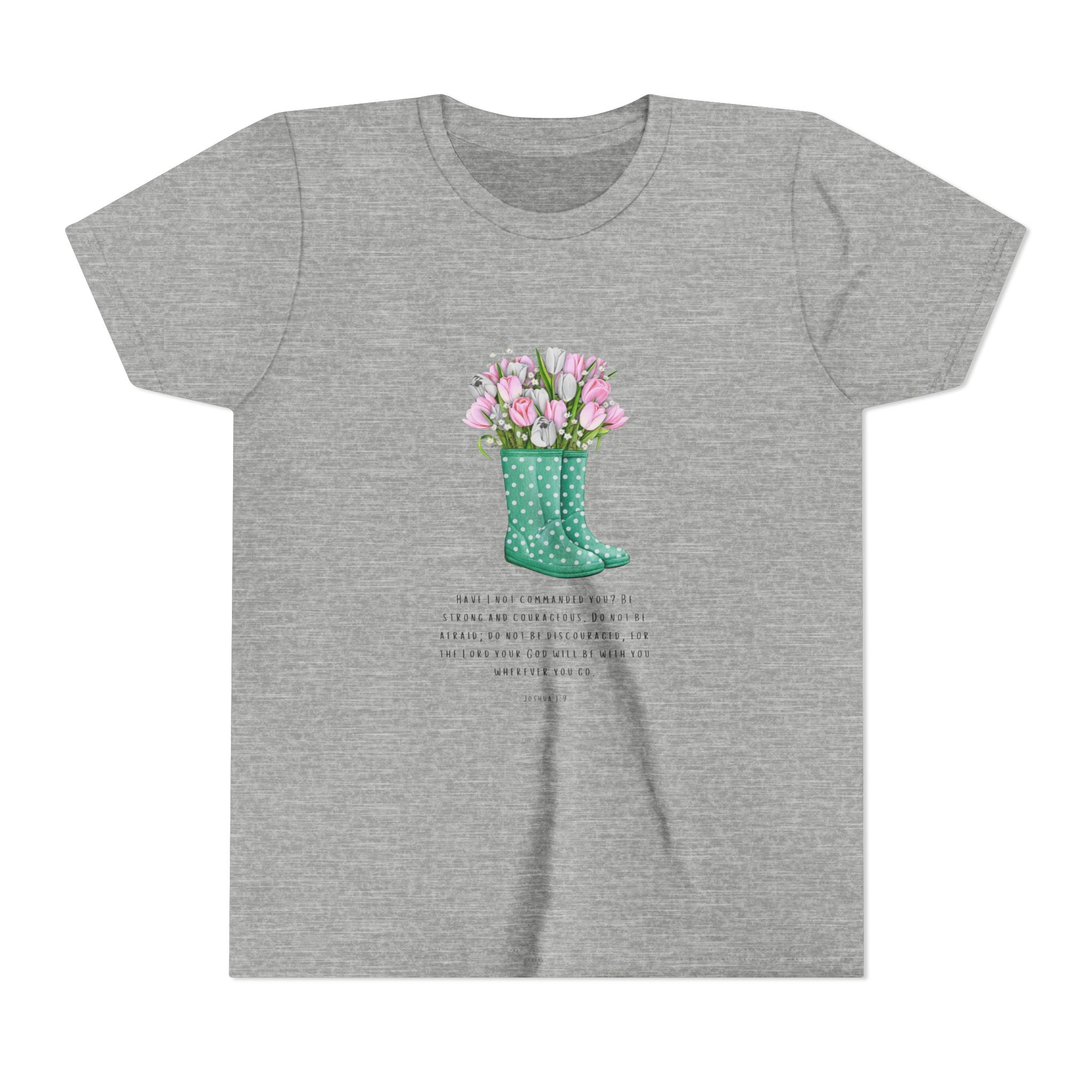 Youth Tee — Green Polka Dot Rain Boot with Pink Tulips Floral Shirt