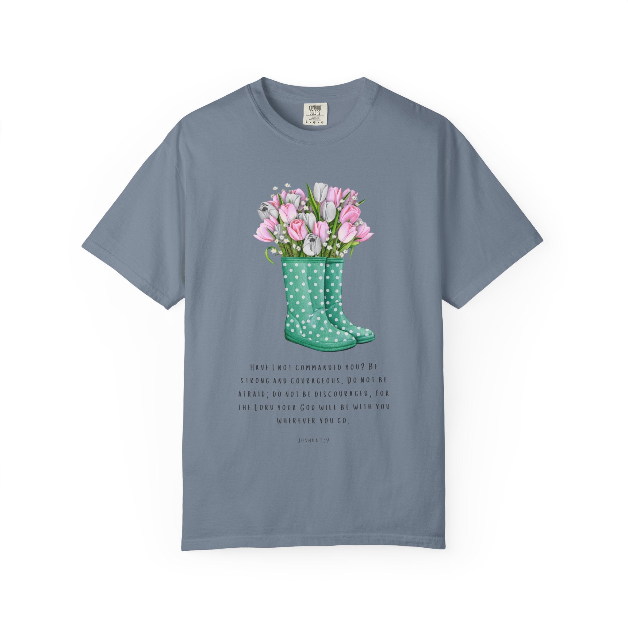 Tulip Rain Boot T-Shirt — Floral Bouquet Graphic Tee with Polka Dot Wellies