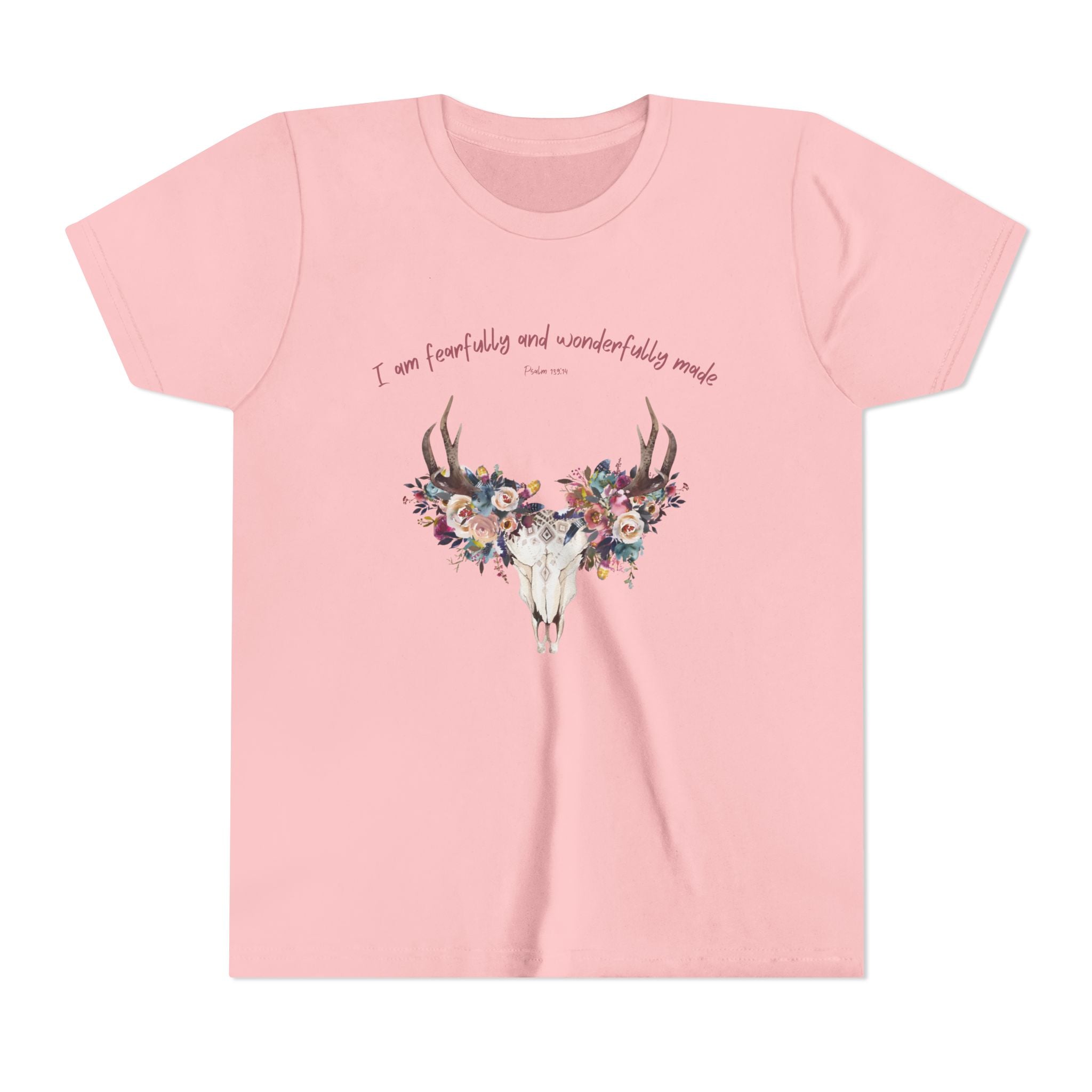 Floral Deer Skull Youth Tee | Psalm 139:14 Faith Tee | Girl Gift